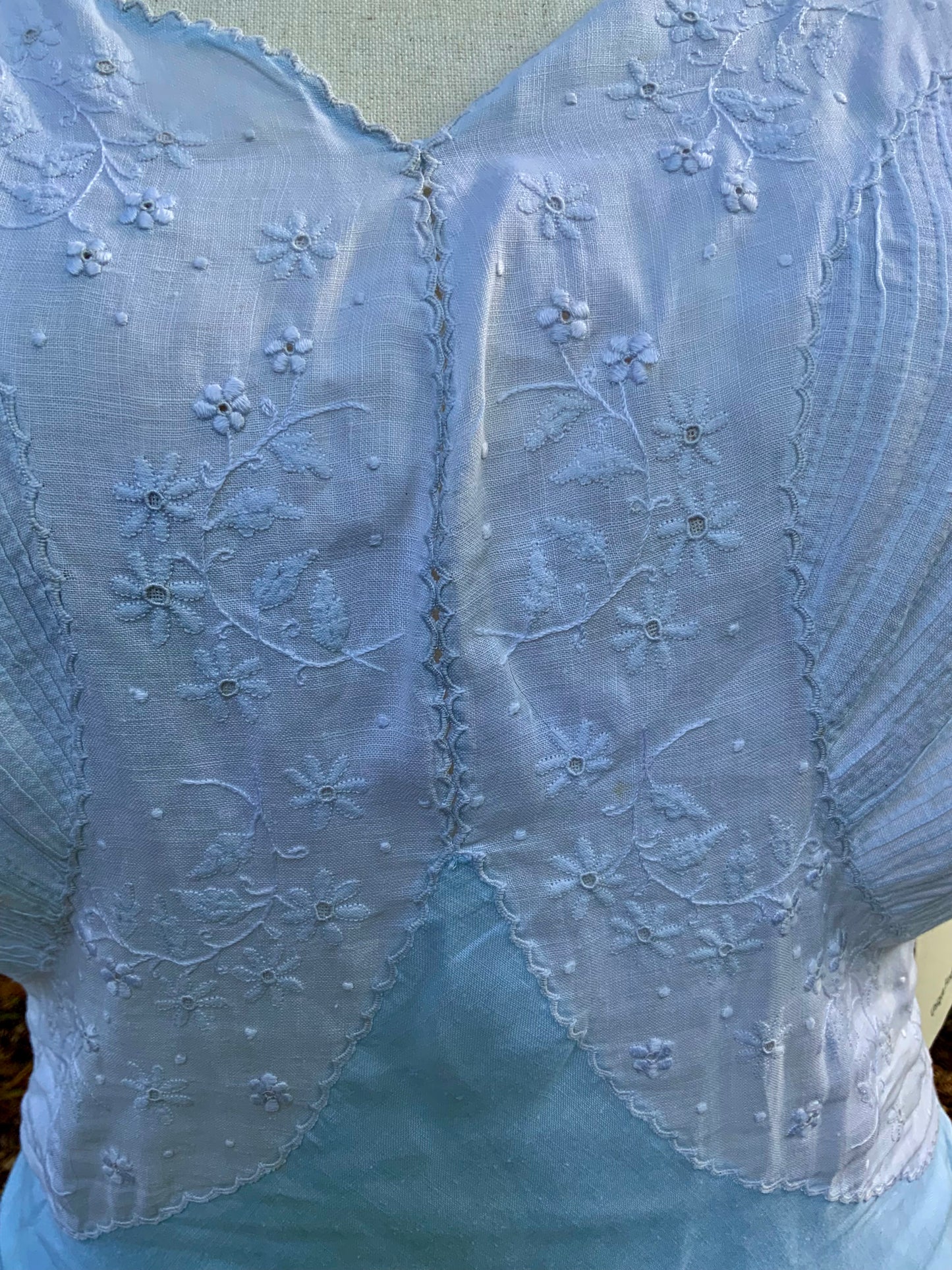 Rare Late 1930s Blue & White Cotton Dress | Embroidered Pintucked Bodice | Bias Cut | Romantic Cottage Dress | Old Hollywood-20AI