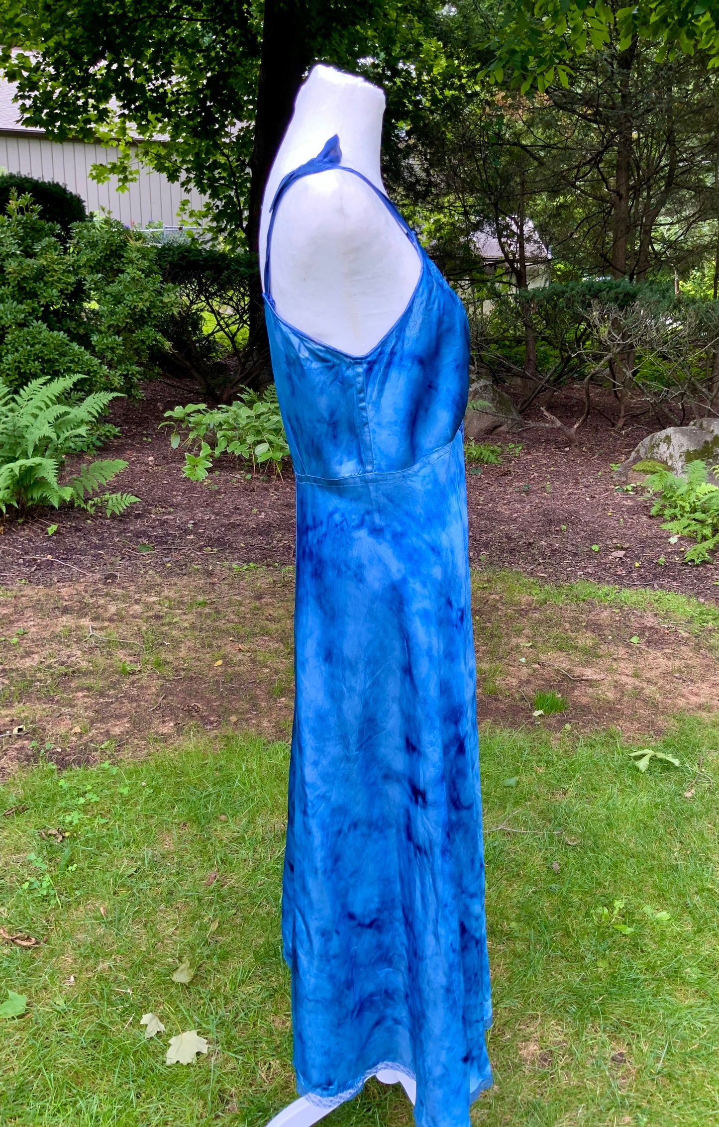 1930s Hand Dyed Blue Satin Nightgown with Floral Appliqués.40CG
