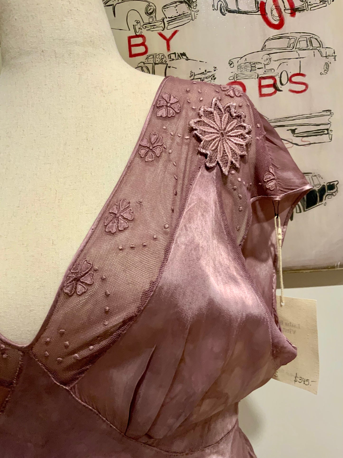 1930s Hand Dyed Mauve Bias Cut Evening Dress. Restyled Vintage Satin Gown.Embroidered Tulle.Lulu Boop Vintage-30CW