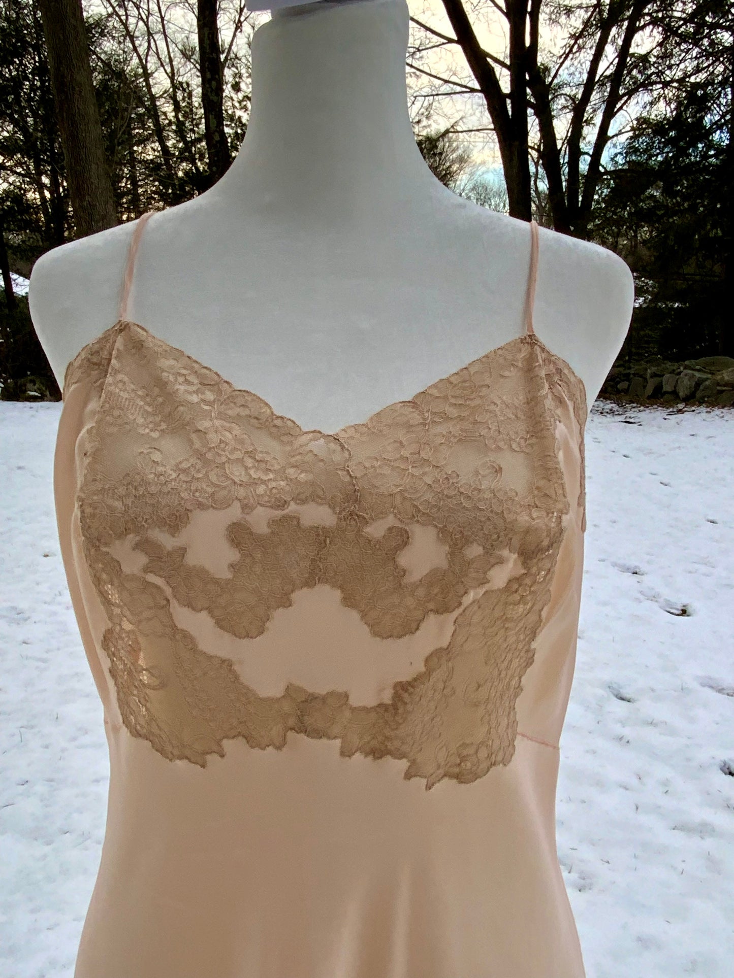Late 1930s True Silk Peach Slip Dress with Lace Bodice | Bias Cut Antique Lingerie-40AR