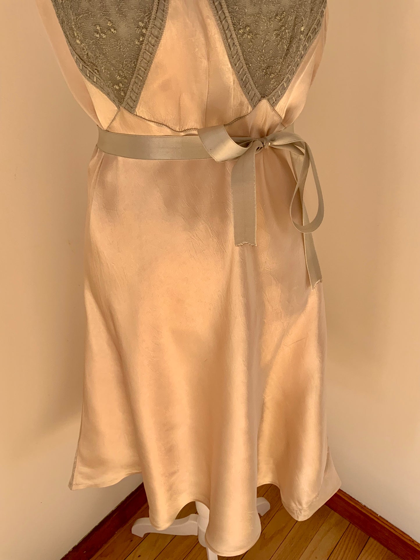 Vintage Silk Slip Dress – Hand Dyed Champagne and Grey with Lace Bodice & Satin Ribbon
 - 40Pi