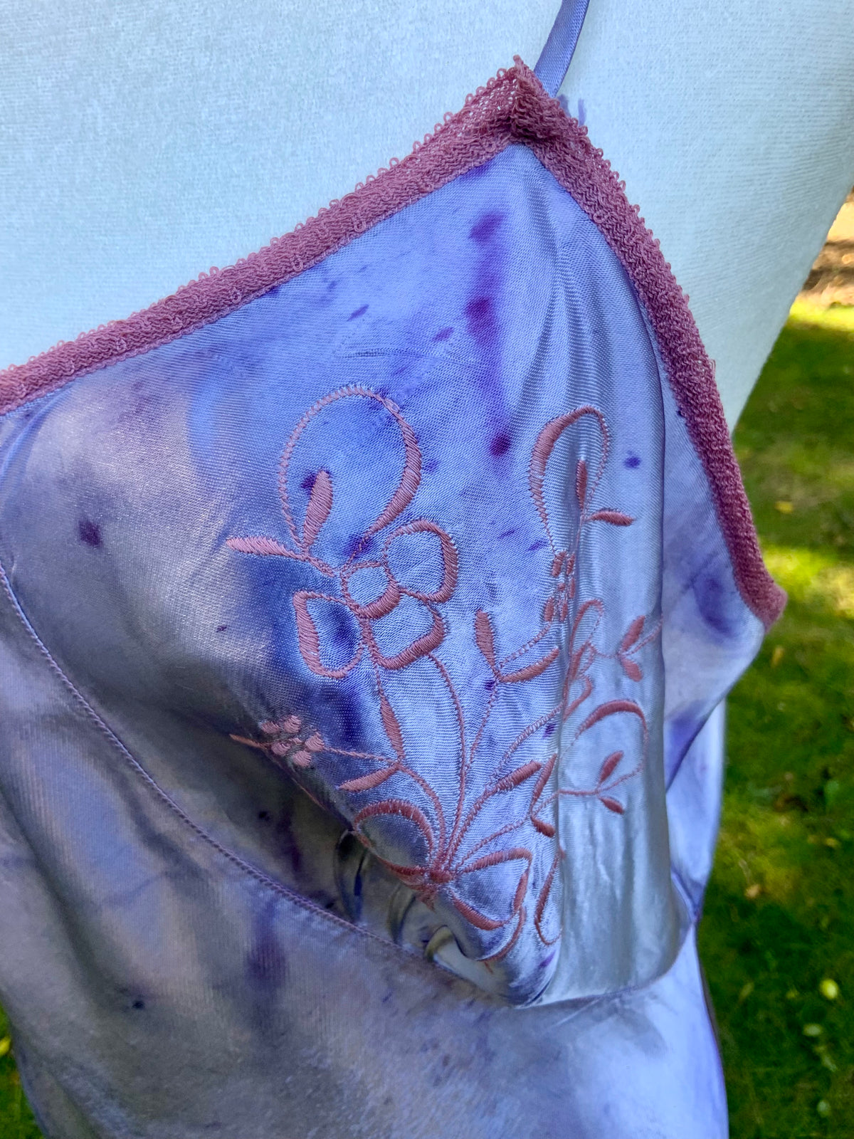 1930s/40s  Hand-Dyed Lilac Satin Slip Dress with Floral Embroidery.40BV