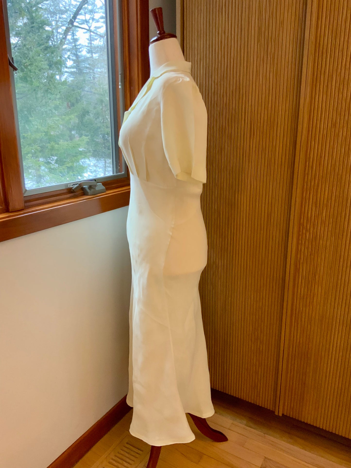 Authentic 1930s 1940s Ivory Silk Satin Day Dress Embroidered Vintage Dress- 40AO