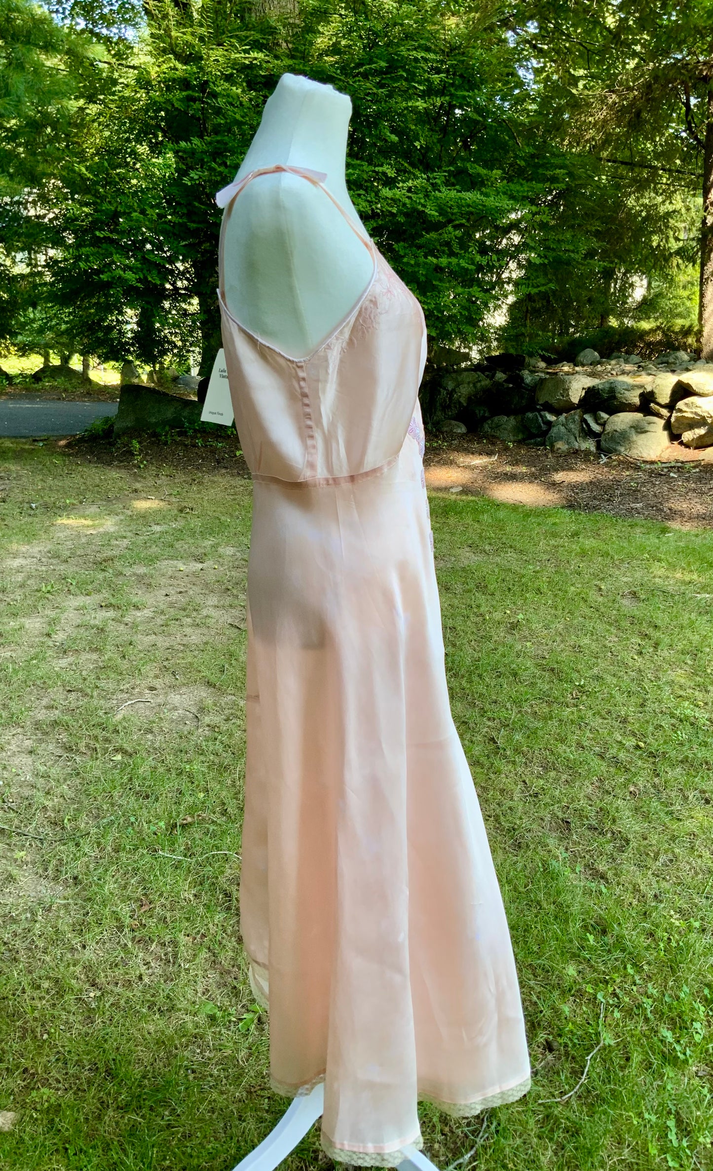 1940s Vintage Peach Satin Slip Dress Embroidered Floral Bodice Restored Bridal Boudoir Nightgown.40CG