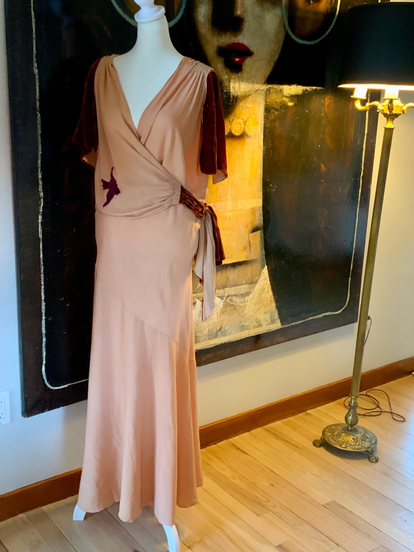 1930s Silk Crepe Evening Dress in Dusty Peach with Velvet Accents and Draped Waist | Artfully Restored-Iconic-30BH