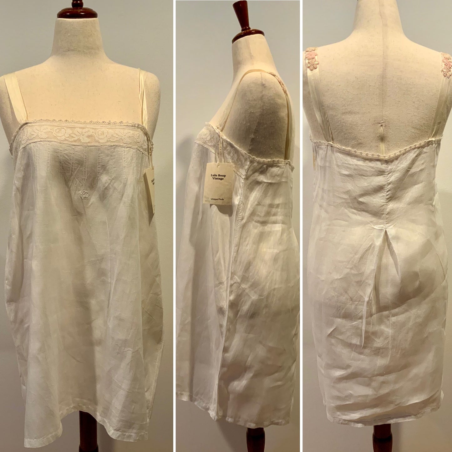 Antique Slip Dress - Filet Lace - Embroidered Initials E C - 1920 - 20C