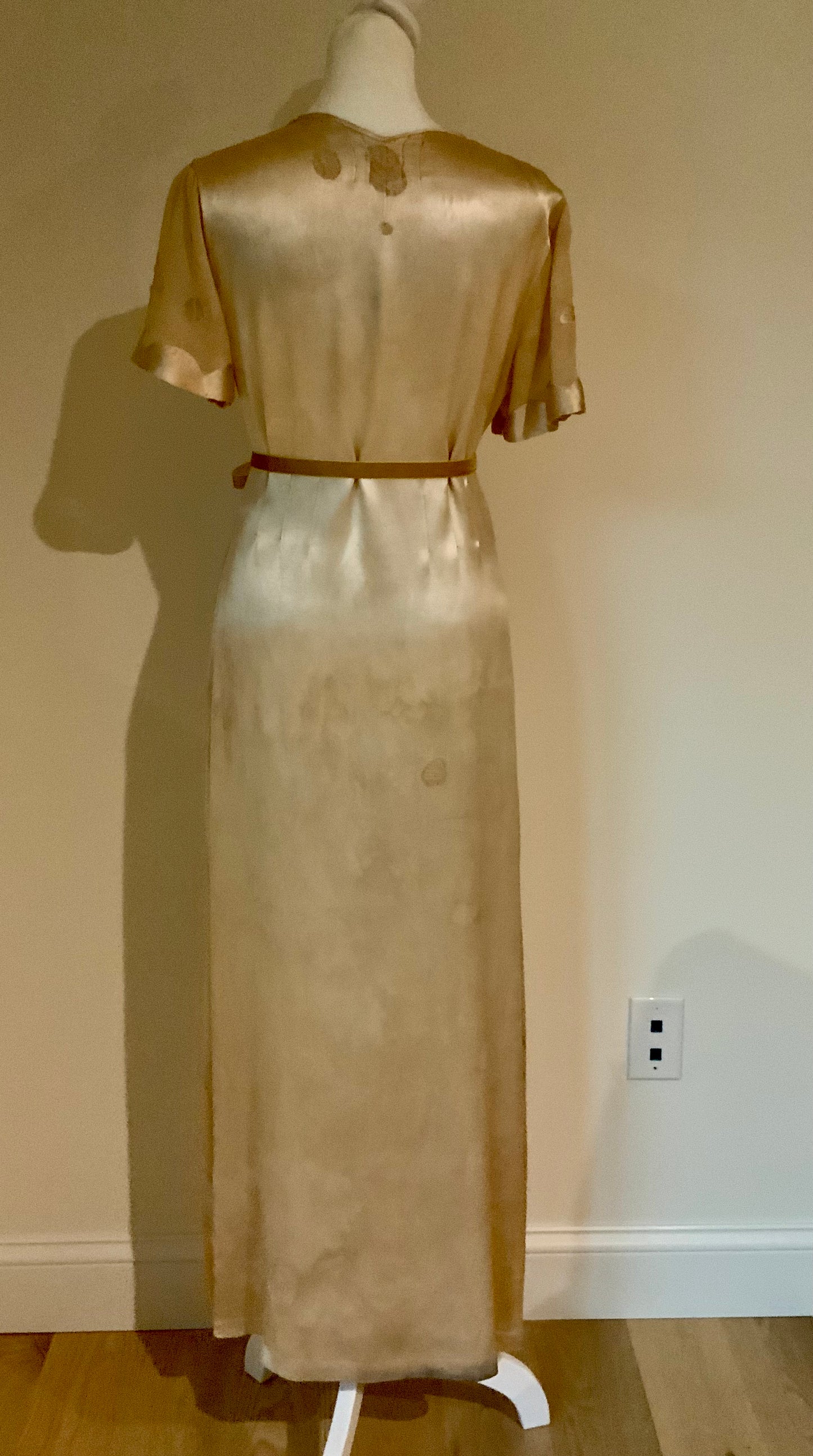 Rare 1930s Tea-Dyed Silk Hostess Gown with Original Floral Appliqué Details