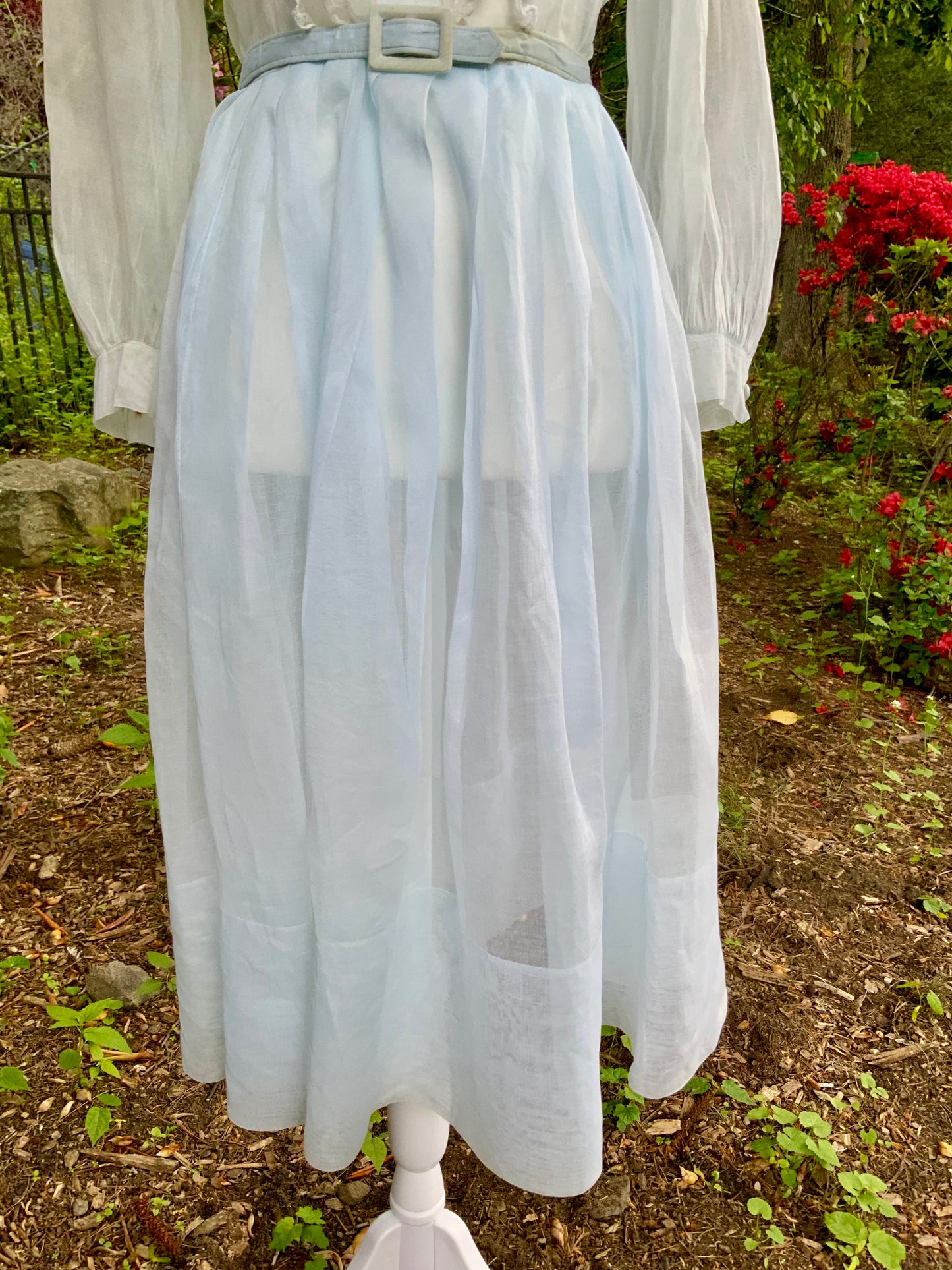 Late 1930s 1940s Sheer Blue Cotton Organdy Dress Romantic Lingerie Style Dress-30CR
