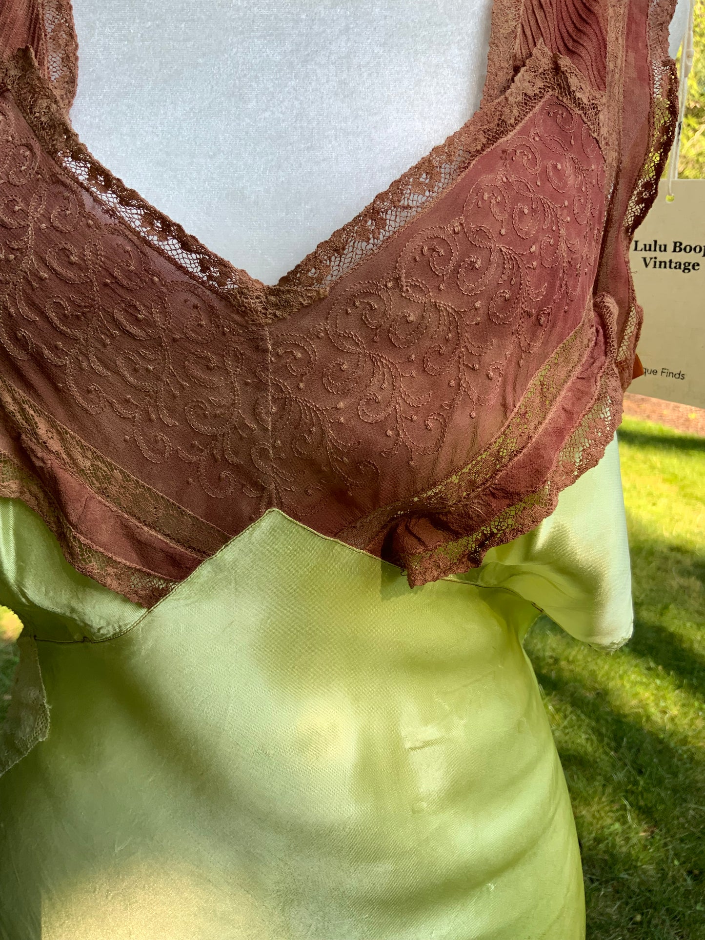 Hand Dyed Antique Silk Slip Dress Chartreuse Green Artist Reimagined 1930s 1940s Silk Nightgown One of a Kind Wearable Art-40C