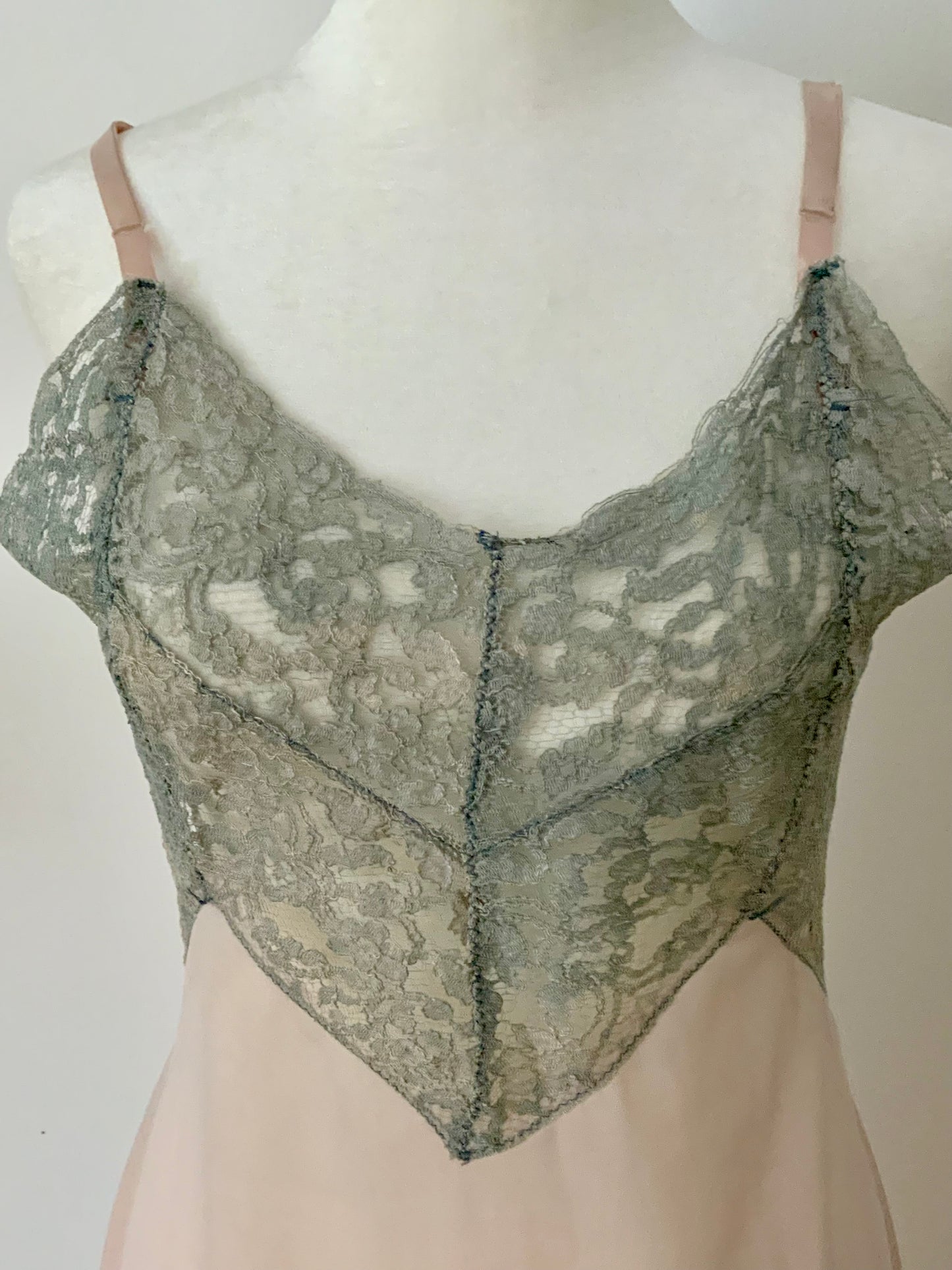 Late 1930s Myra Joy Nylon Slip Dress with Sage Lace Bodice | Art Deco Lingerie Gown-30BB
