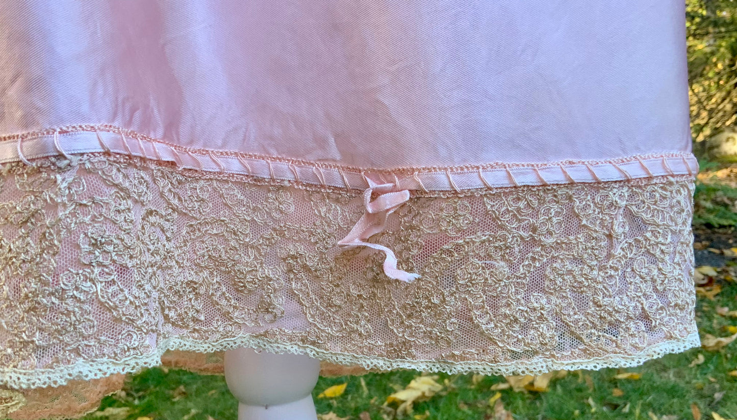 1930s Pink Rayon Satin Slip Dress – Vintage Lace Bodice & Hem-40B4