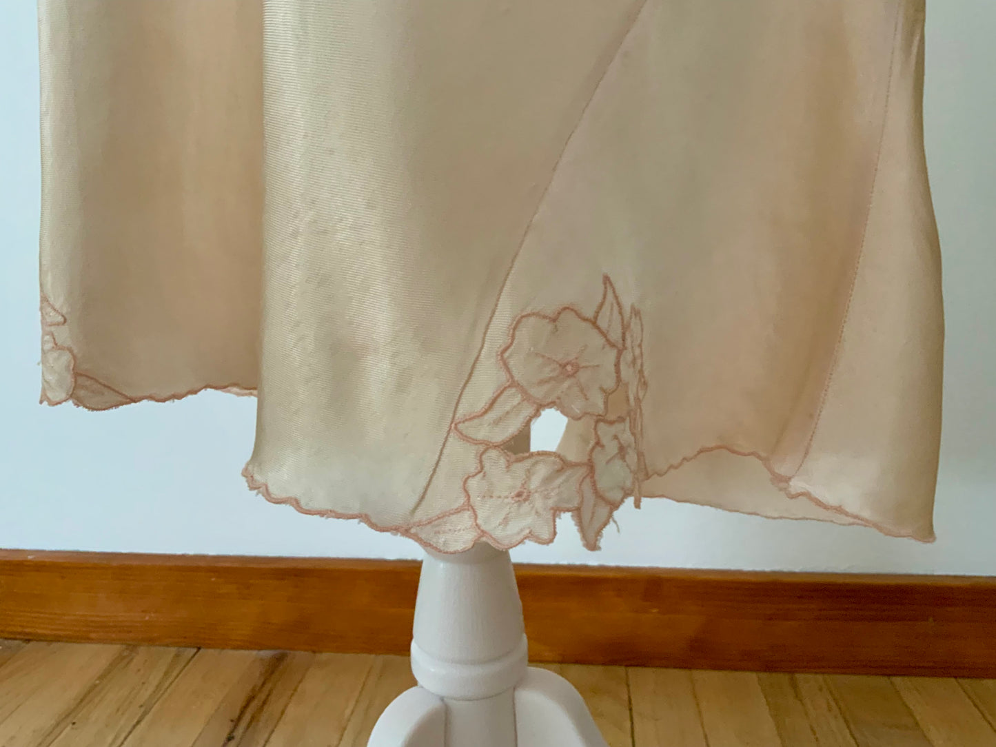 1930s Silk Satin Bias Cut Slip Dress with Floral Lace | Champagne Vintage Lingerie Gown-30BC