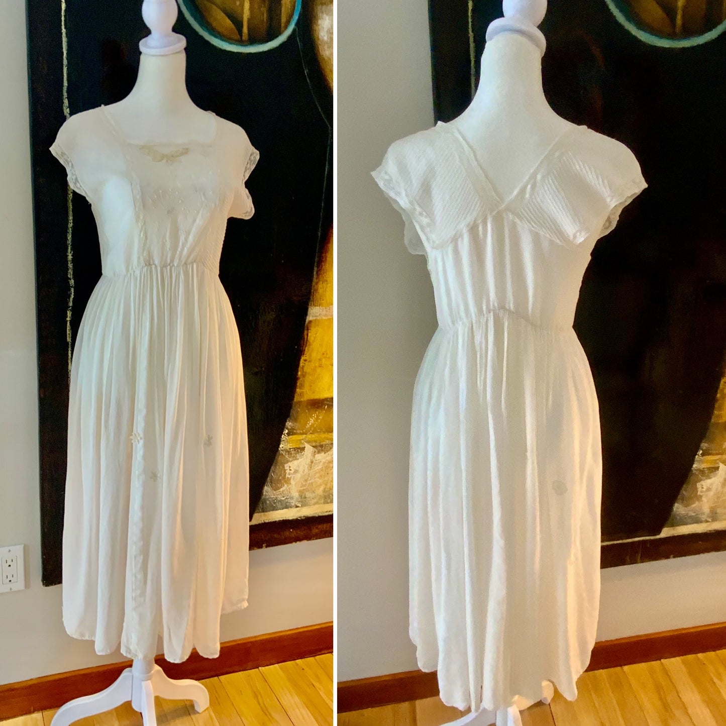 1930s Chiffon Lingerie Dress — Antique Ivory Embroidered Boudoir Gown with Butterfly Motif-30BE