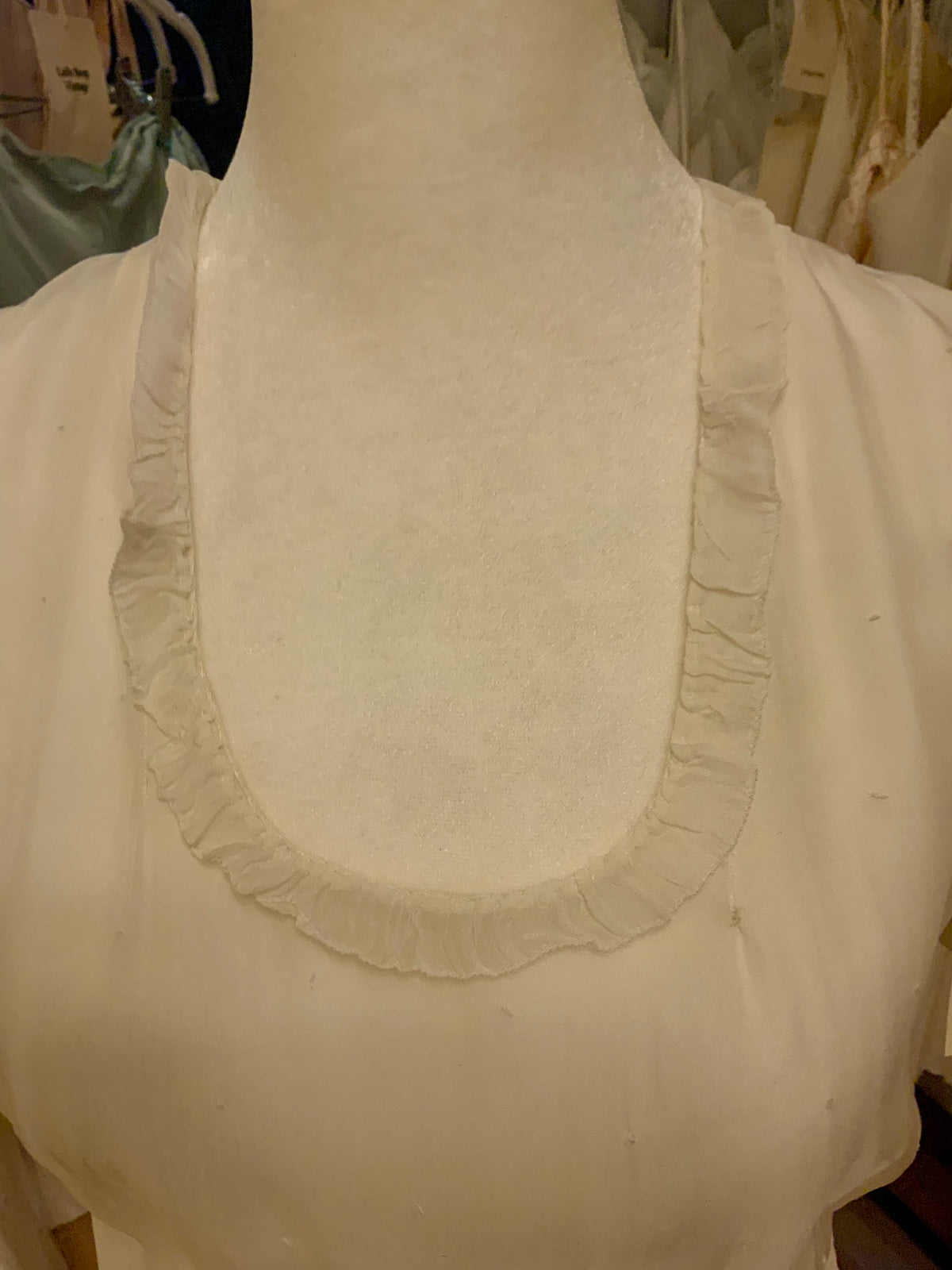 Antique Ivory Chiffon Gown with Ruffled Hem and Lace Appliqué.20ARR