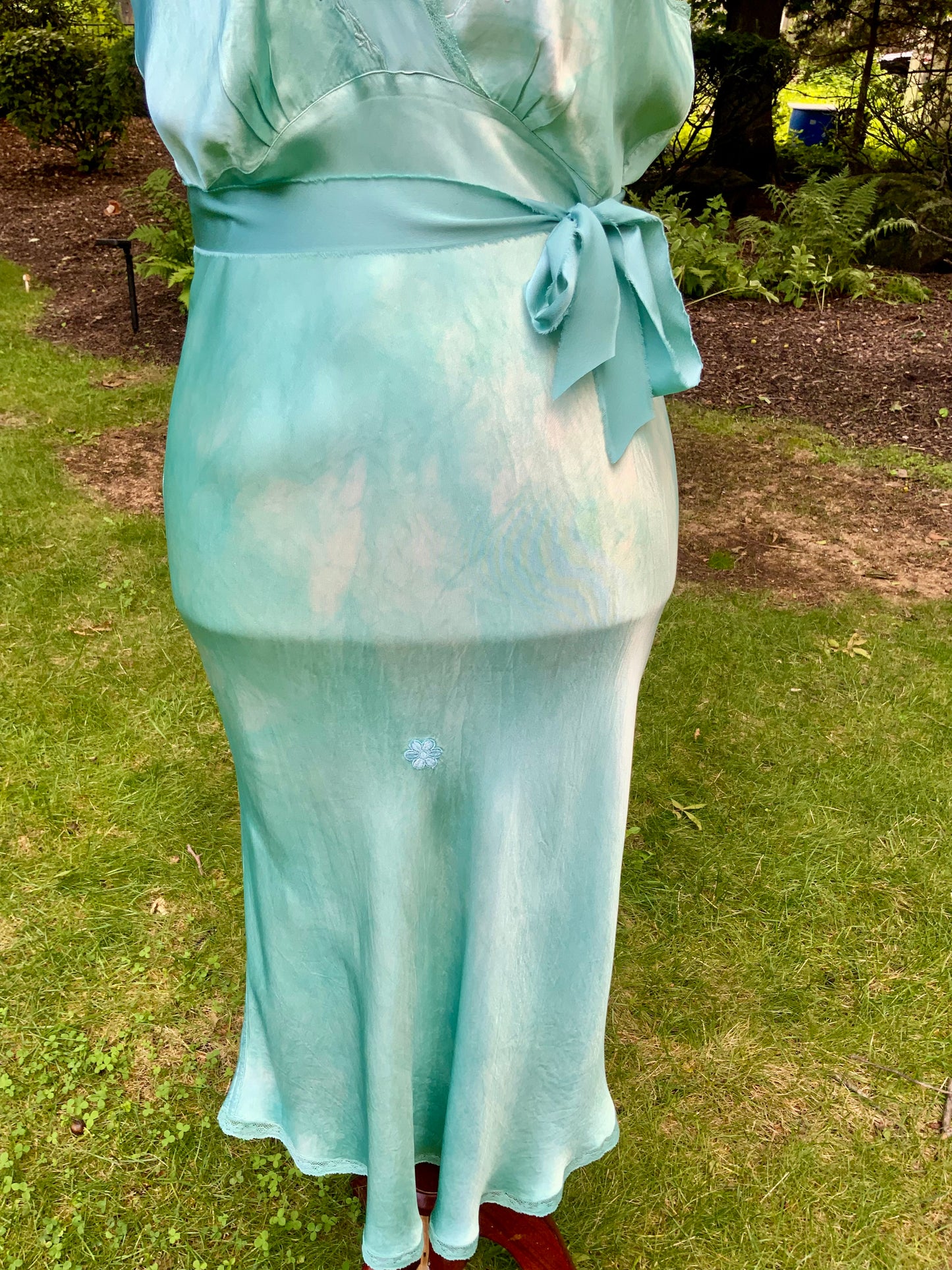 1930s Hand-Dyed Aqua Satin Slip Dress. Embroidered Bias Cut Slip with Sash.40CB