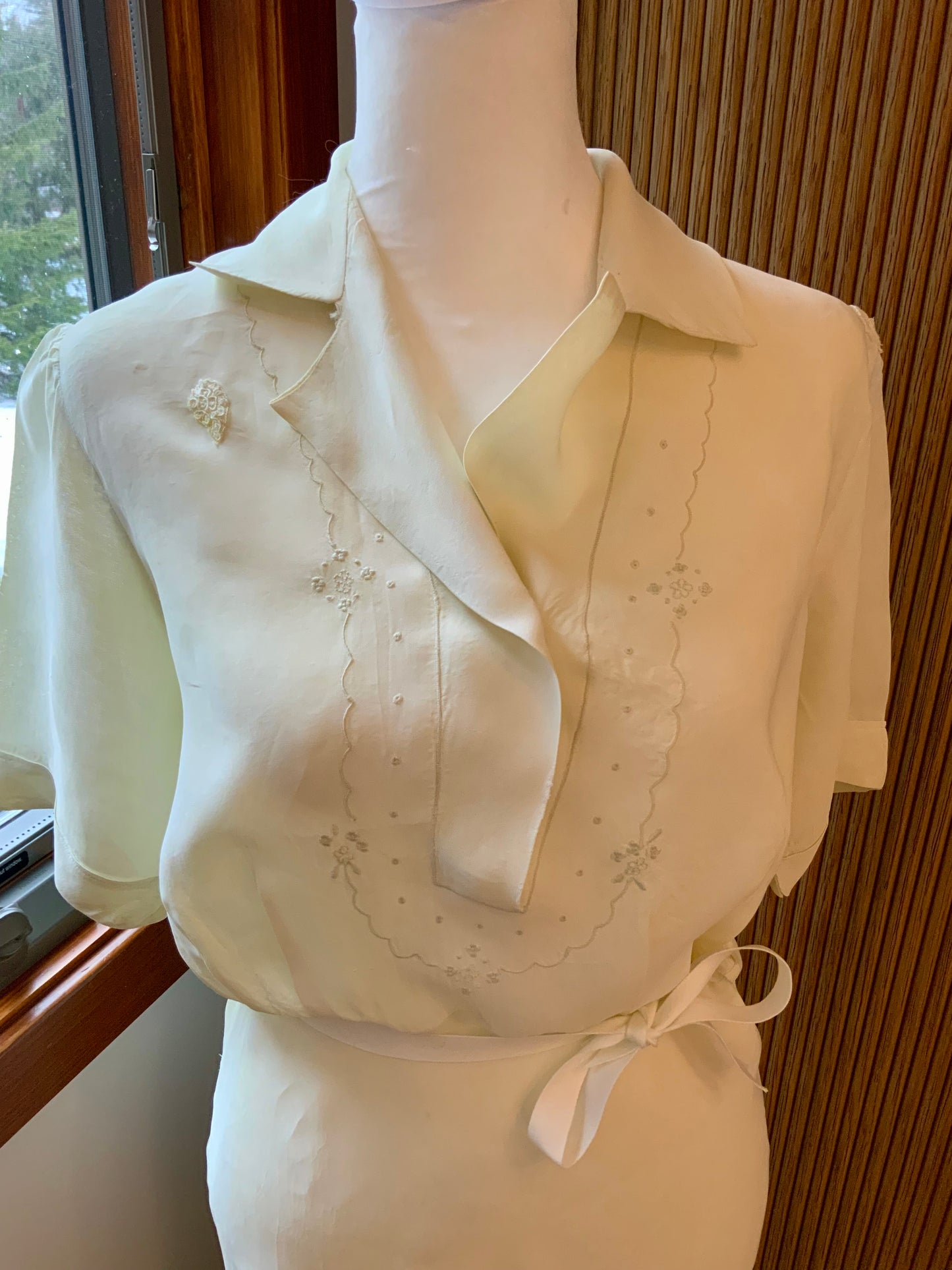 Authentic 1930s 1940s Ivory Silk Satin Day Dress Embroidered Vintage Dress- 40AO