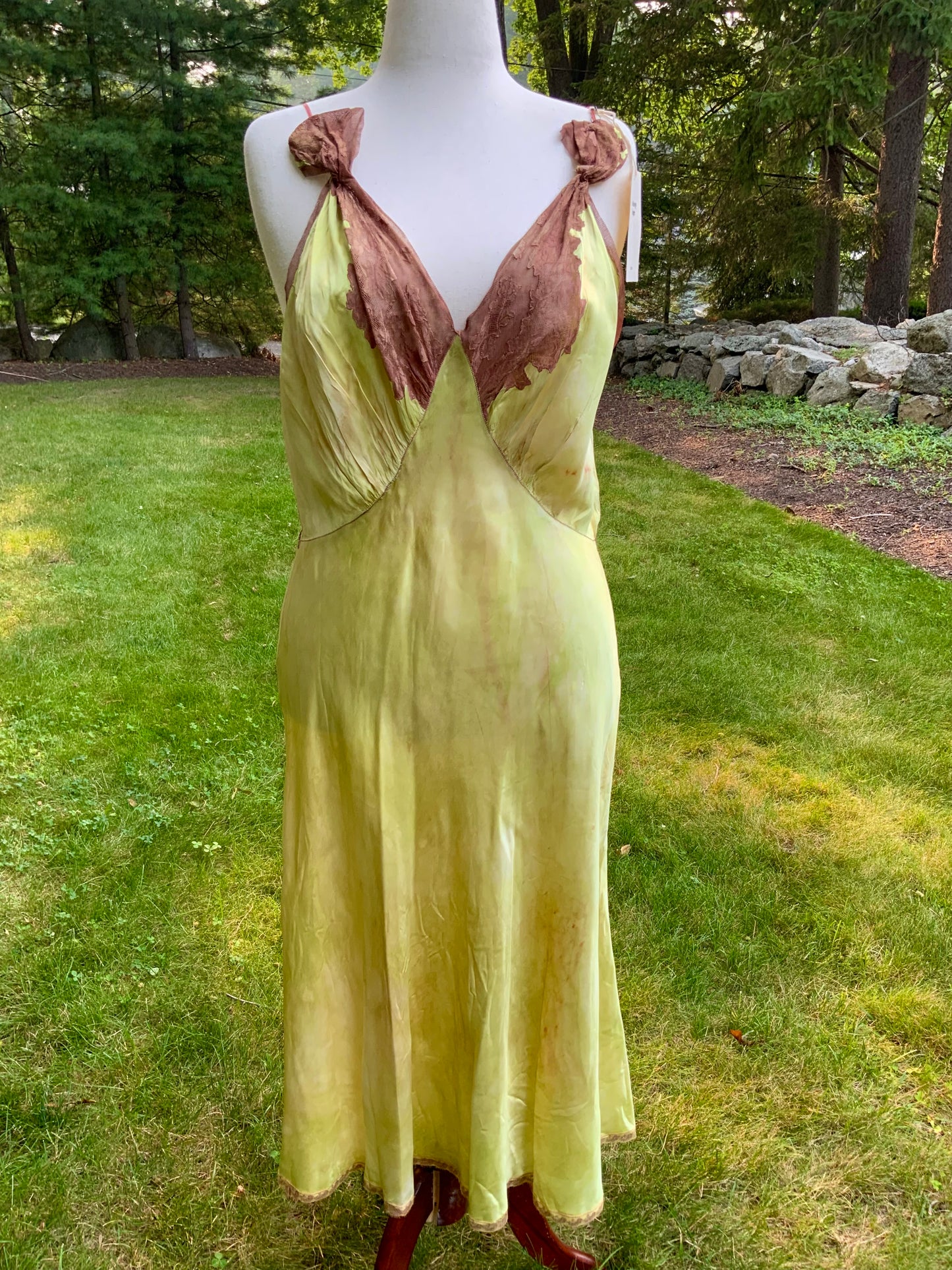 1930s Hand Dyed     Botanical Inspired Hand Dyed Silk Slip Dress. One of a Kind Woodland Fairy Bias Cut Gown.30BZ
