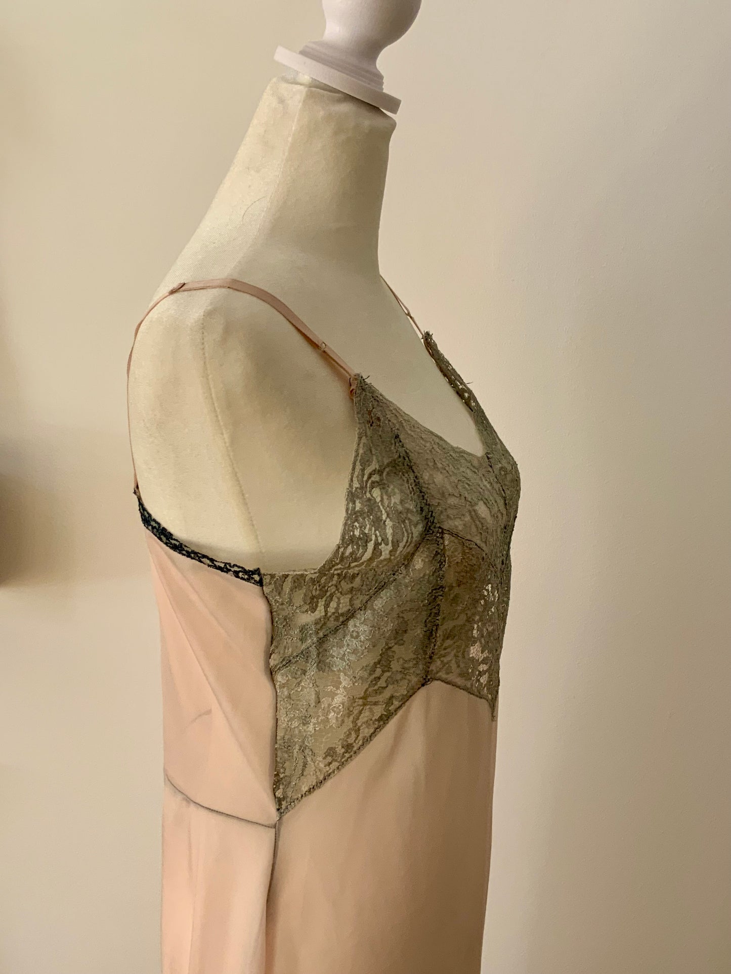 Late 1930s Myra Joy Nylon Slip Dress with Sage Lace Bodice | Art Deco Lingerie Gown-30BB