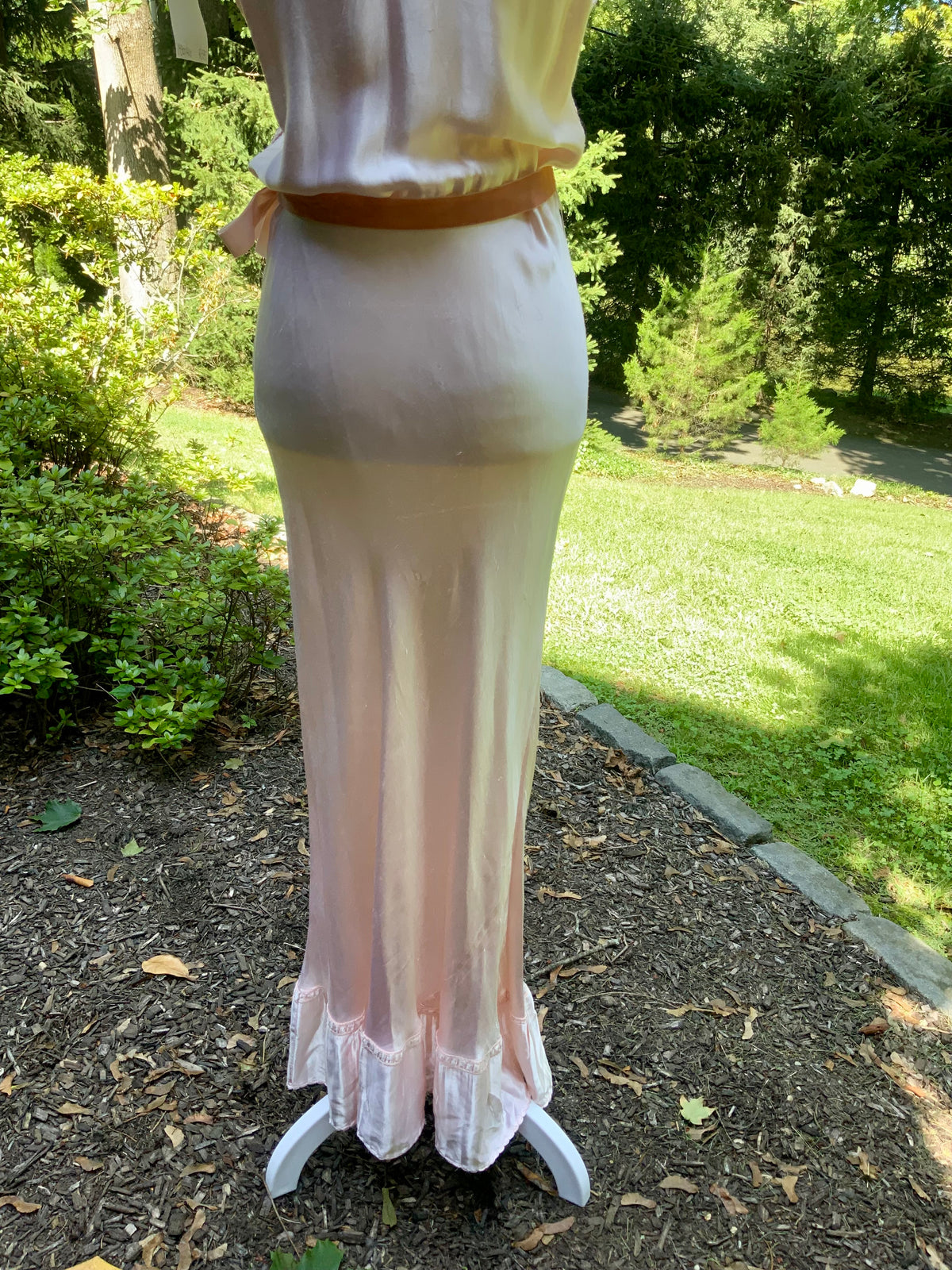 1930s Blush Pink Satin Nightgown with Sheer Embroidered Bodice.30CK