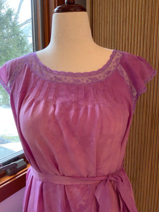Hand Dyed Silk 1920s–30s Gown | Lavender Lace Pintuck Maxi Dress | Antique Silk Day Dress with Original Belt- 20AD