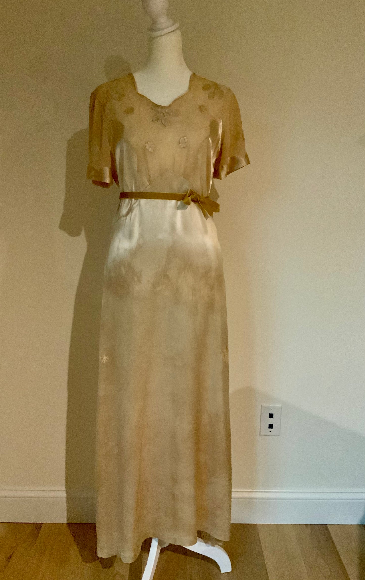 Rare 1930s Tea-Dyed Silk Hostess Gown with Original Floral Appliqué Details