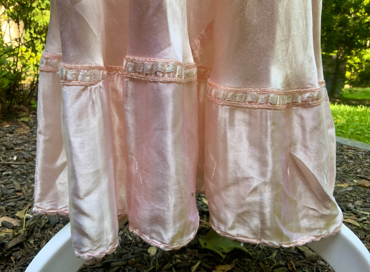 1930s Blush Pink Satin Nightgown with Sheer Embroidered Bodice.30CK
