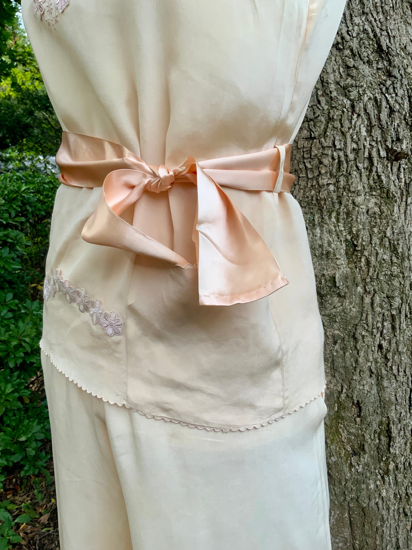1920s–1930s Pure Silk Peach Pajama | Hand Restored with Vintage Floral Appliqués & Satin Ribbon | One-of-a-Kind Collectible Loungewear- 20AJ