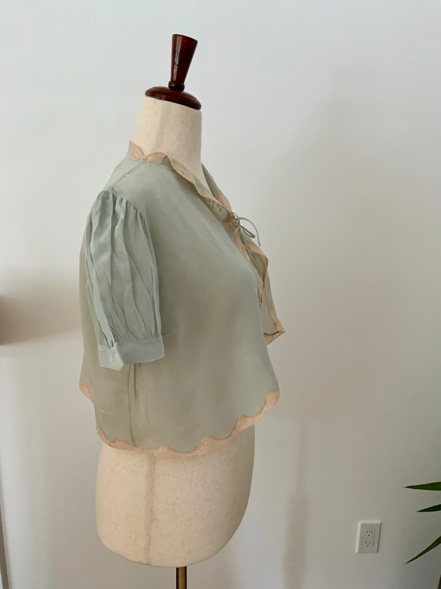 1930s Seafoam Silk Chiffon Bed Jacket with Blush Lace | Antique Boudoir Blouse-30BC