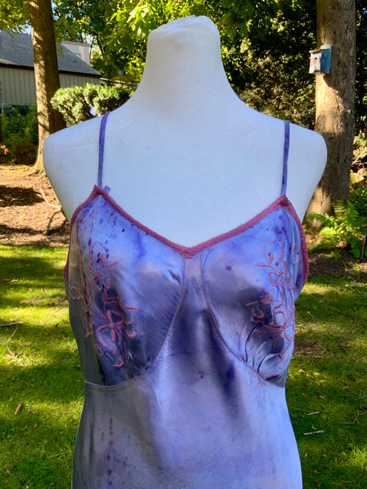 1930s/40s  Hand-Dyed Lilac Satin Slip Dress with Floral Embroidery.40BV