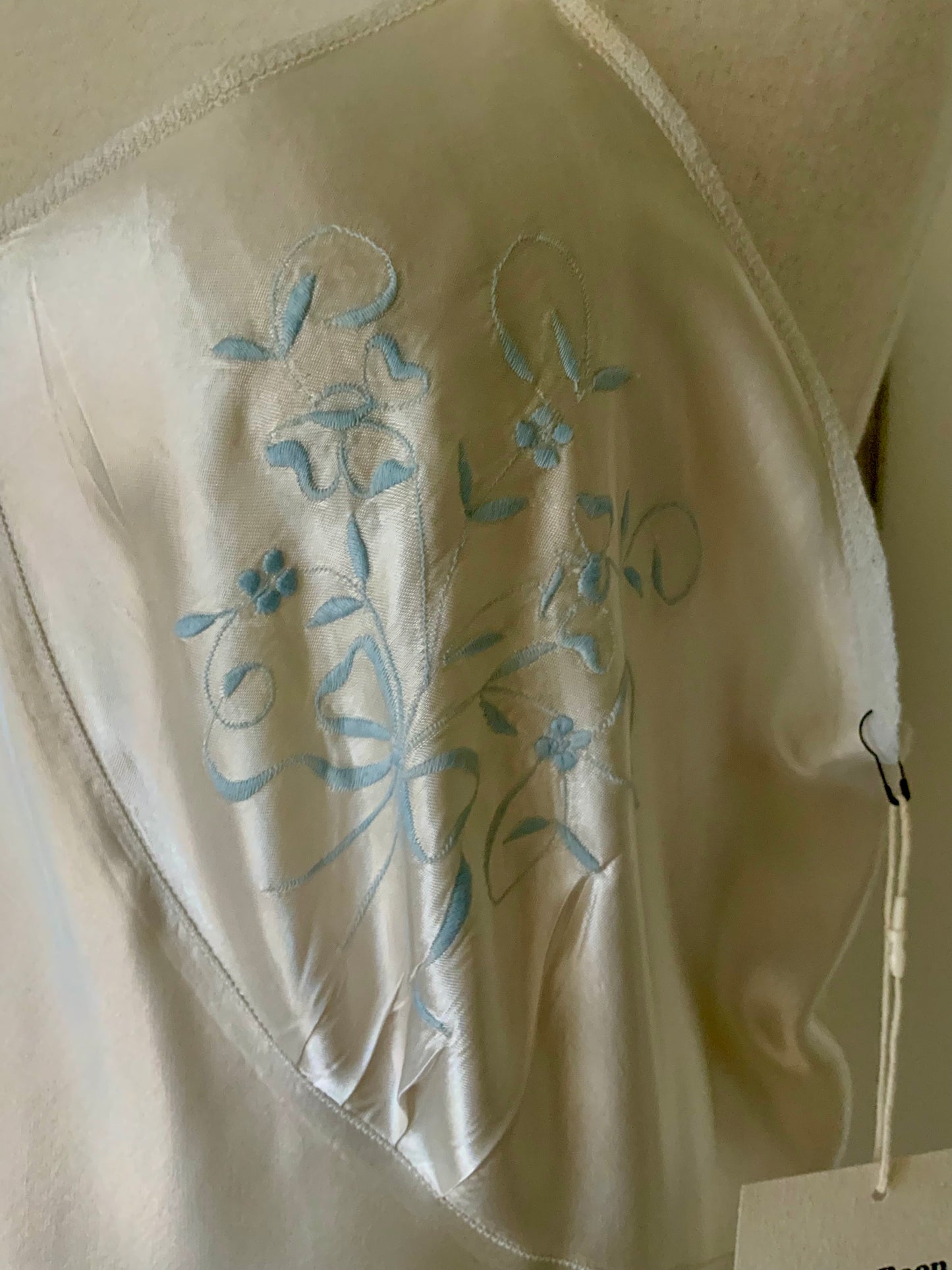 1930s Ivory Silk Satin Embroidered Slip Dress | Blue Floral Boudoir Nightgown | Bias Cut Bridal Lingerie | Old Hollywood Glamour-40AV