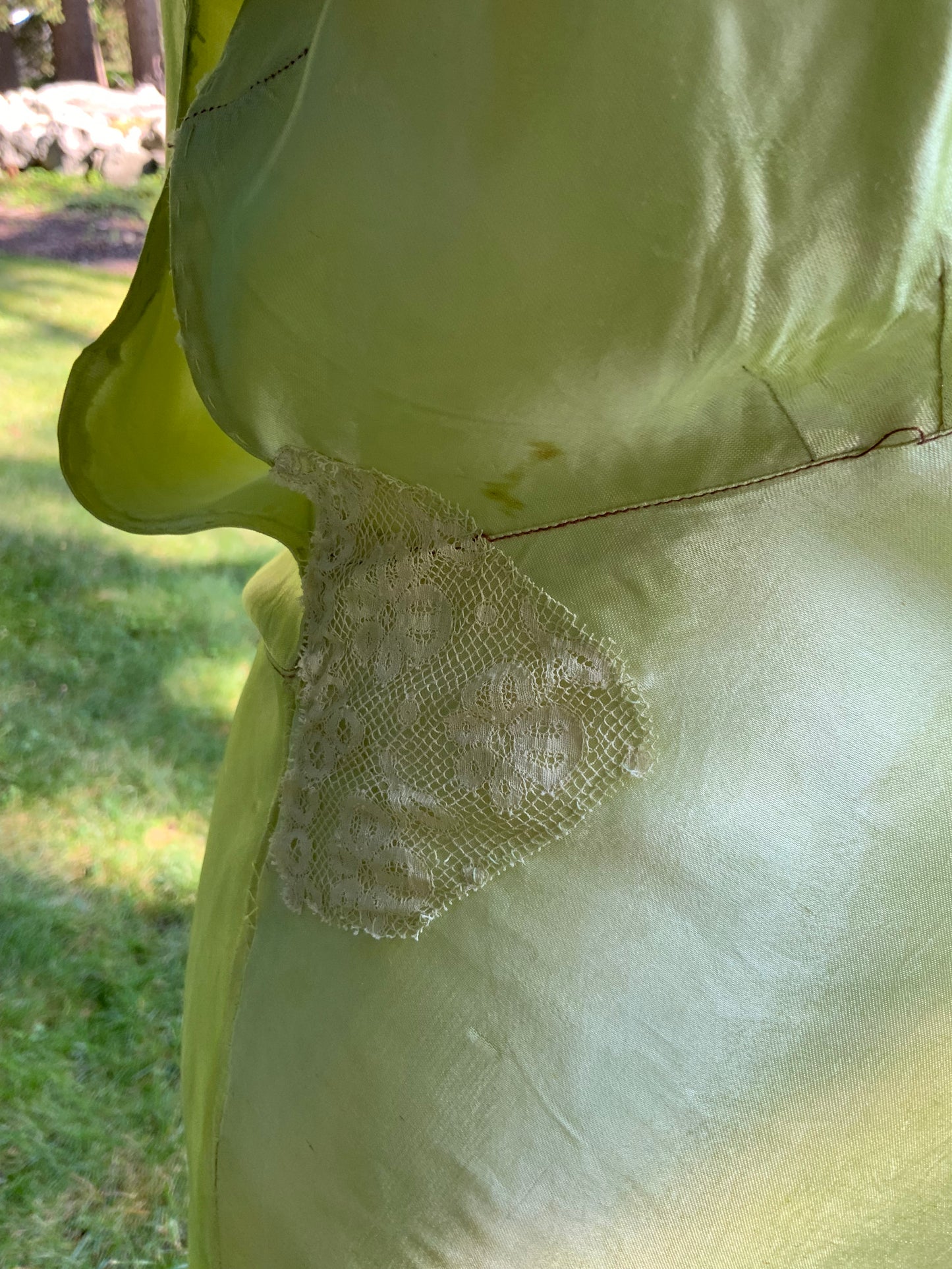 Hand Dyed Antique Silk Slip Dress Chartreuse Green Artist Reimagined 1930s 1940s Silk Nightgown One of a Kind Wearable Art-40C