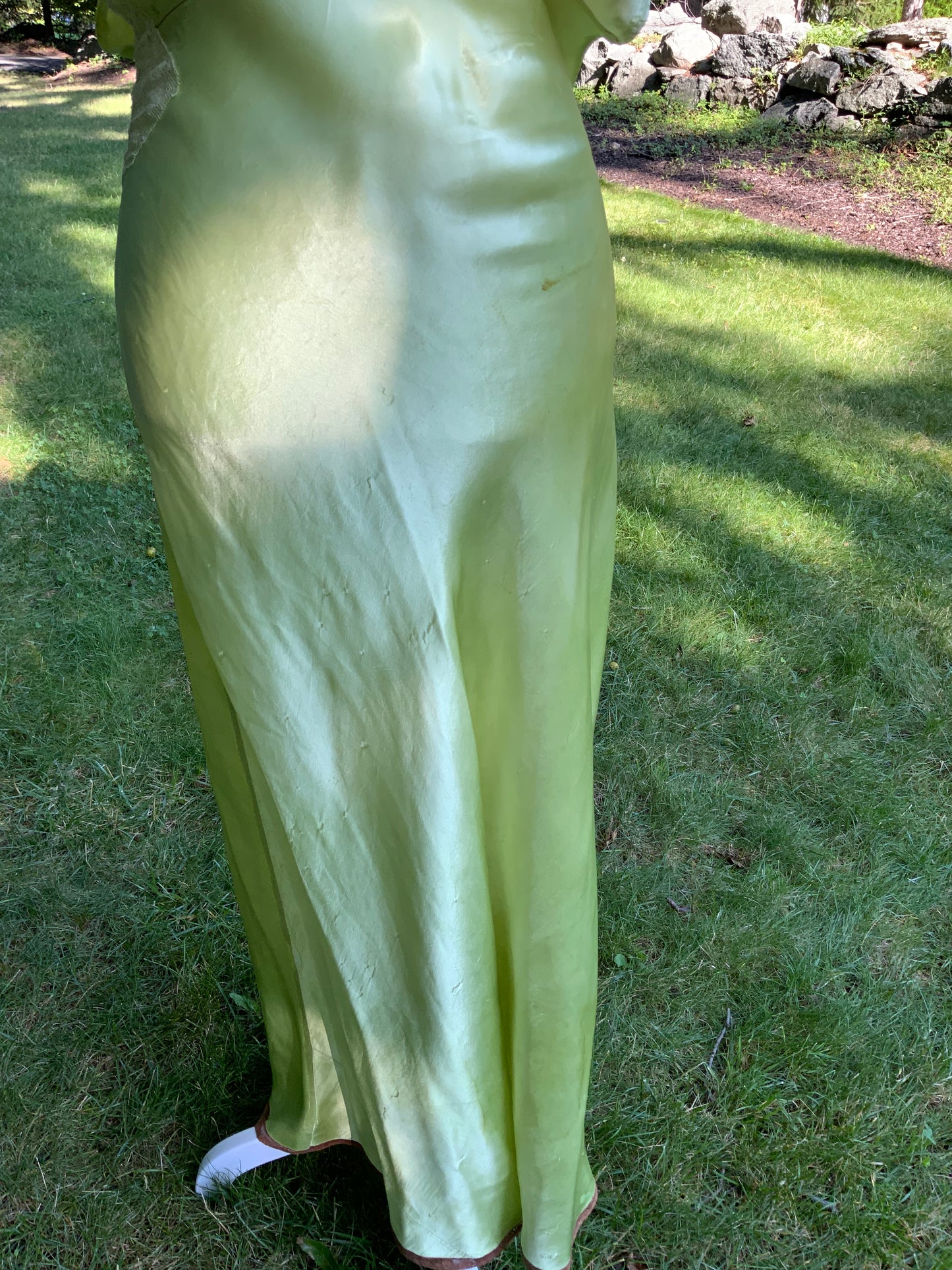 Hand Dyed Antique Silk Slip Dress Chartreuse Green Artist Reimagined 1930s 1940s Silk Nightgown One of a Kind Wearable Art-40C