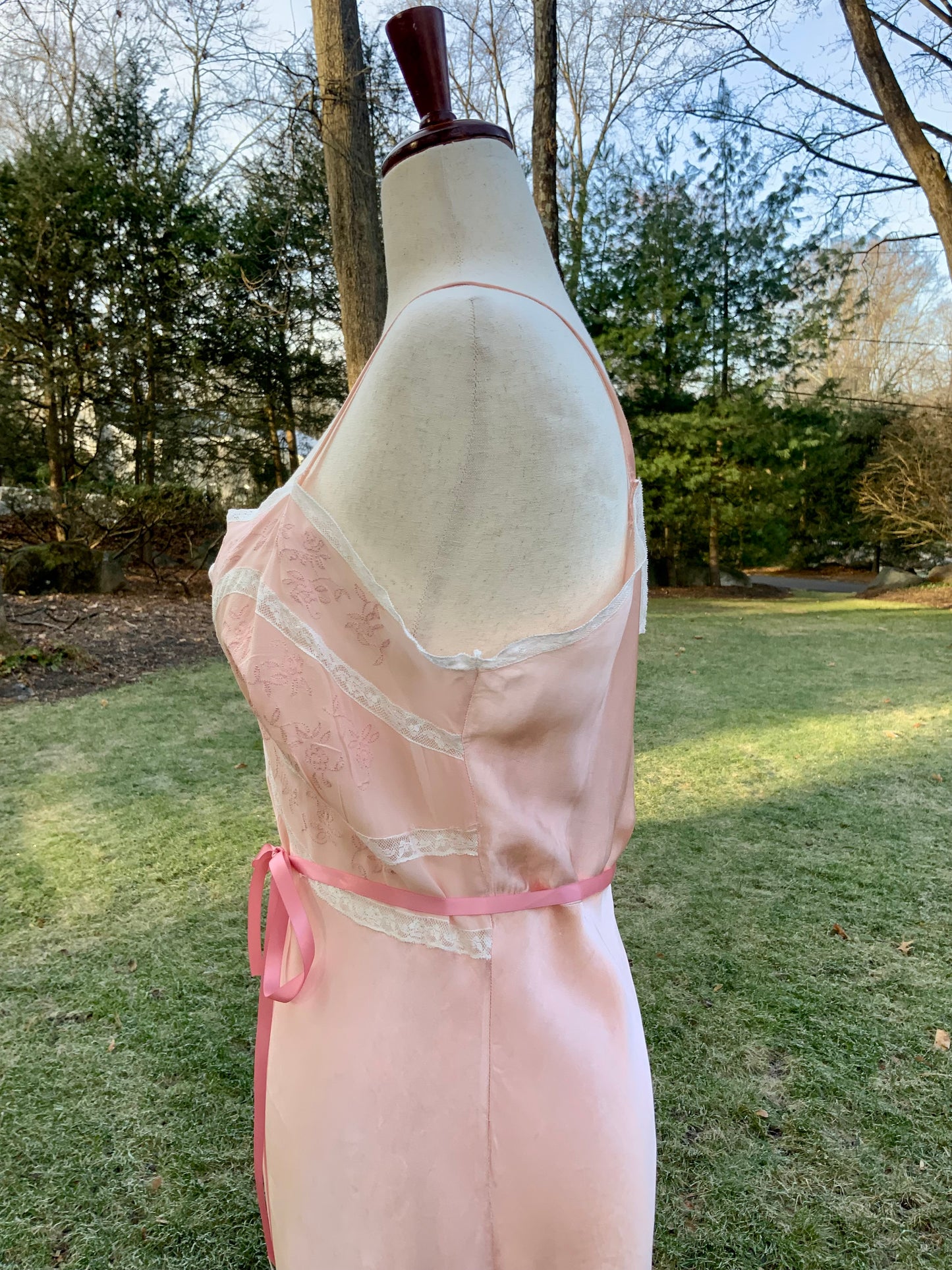 1930s Blush Satin & Chiffon Slip Dress – Floral Embroidery & Lace Panels - 30BA