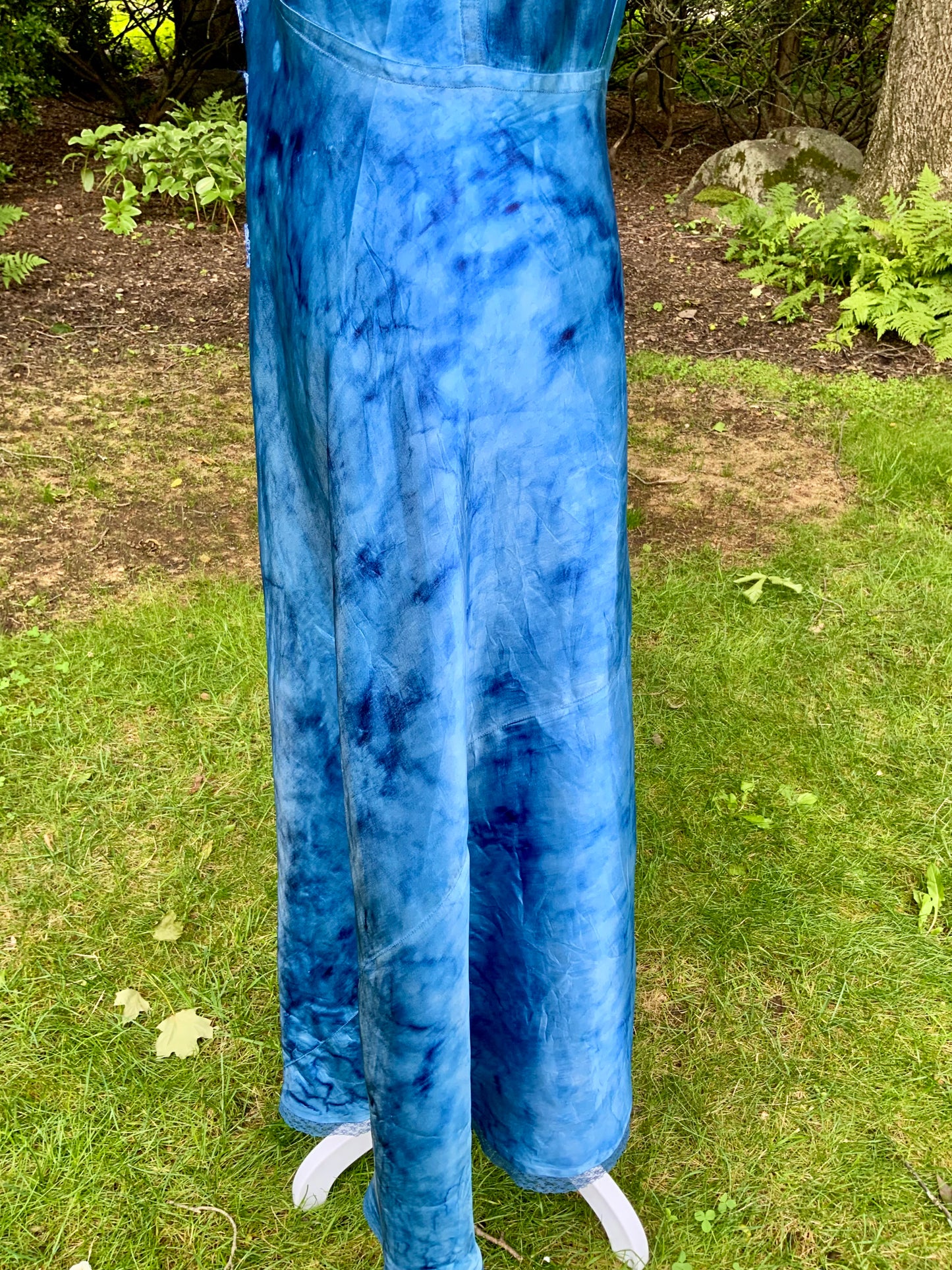 1930s Hand Dyed Blue Satin Nightgown with Floral Appliqués.40CG