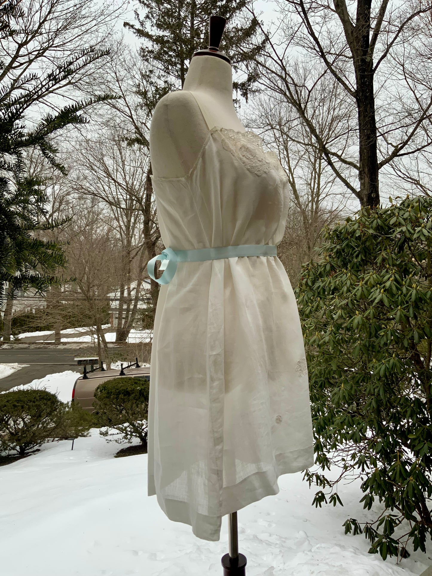 Edwardian Sheer Silk Slip Dress with Antique Lace Appliqué | Restored Vintage Lingerie Dress | 1910s–1920s-ED60