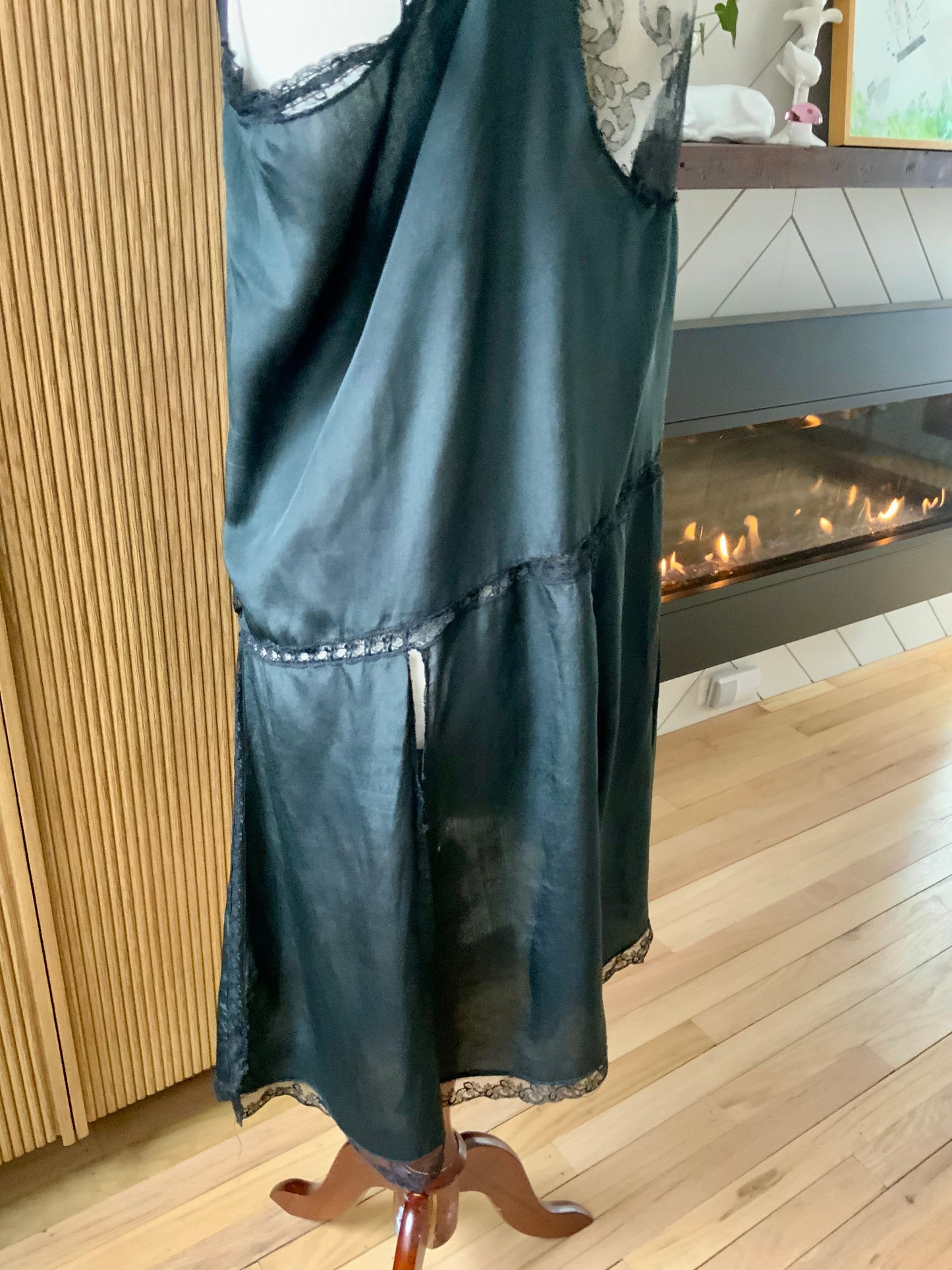 1920s–30s Pure Silk Boudoir Slip Dress — Black with Antique Lace Inset-XL-20AK