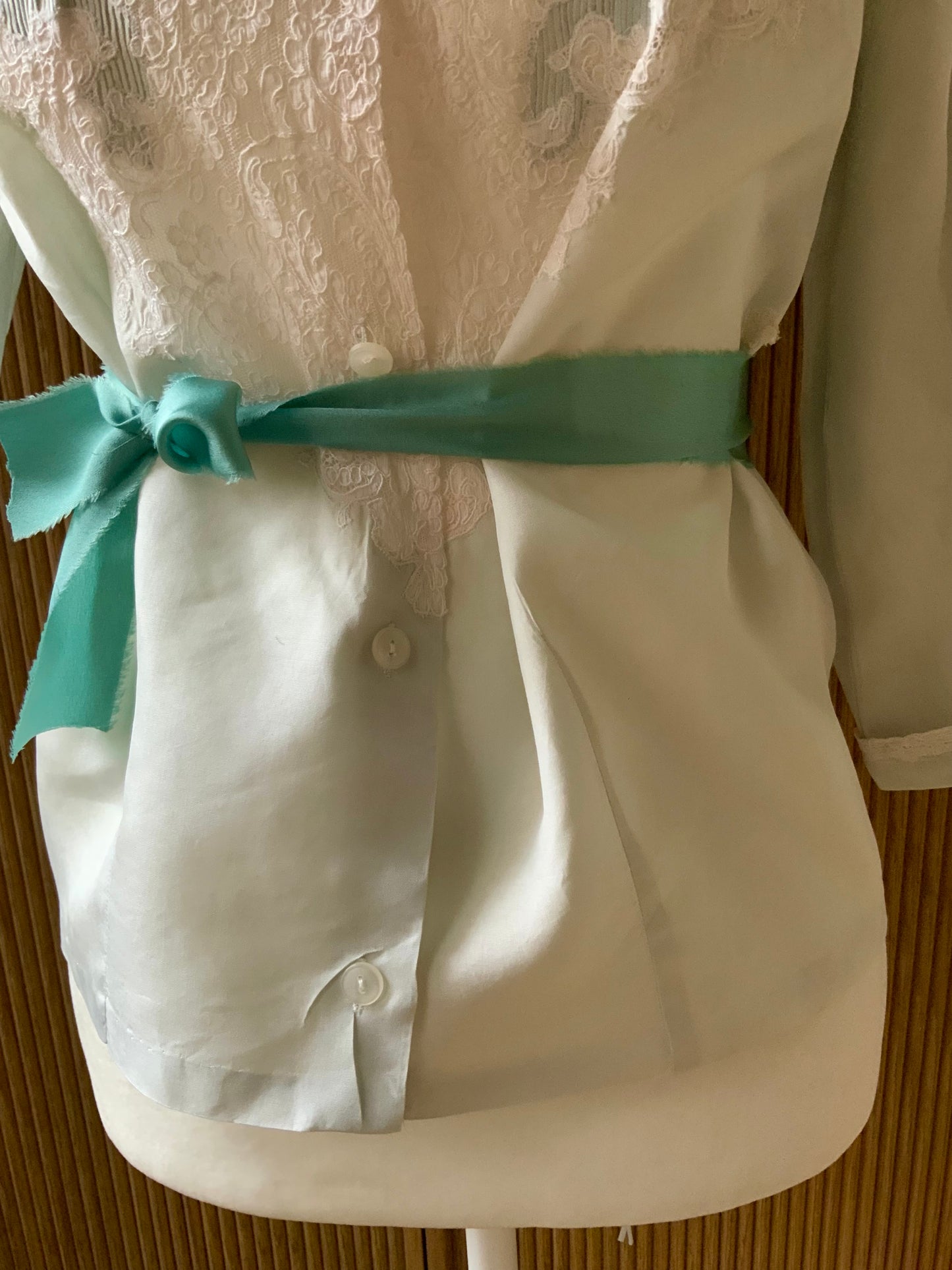 1940s Silk Satin Blouse with Lace Appliqué | Mint Green | Edwardian Revival-40AT
