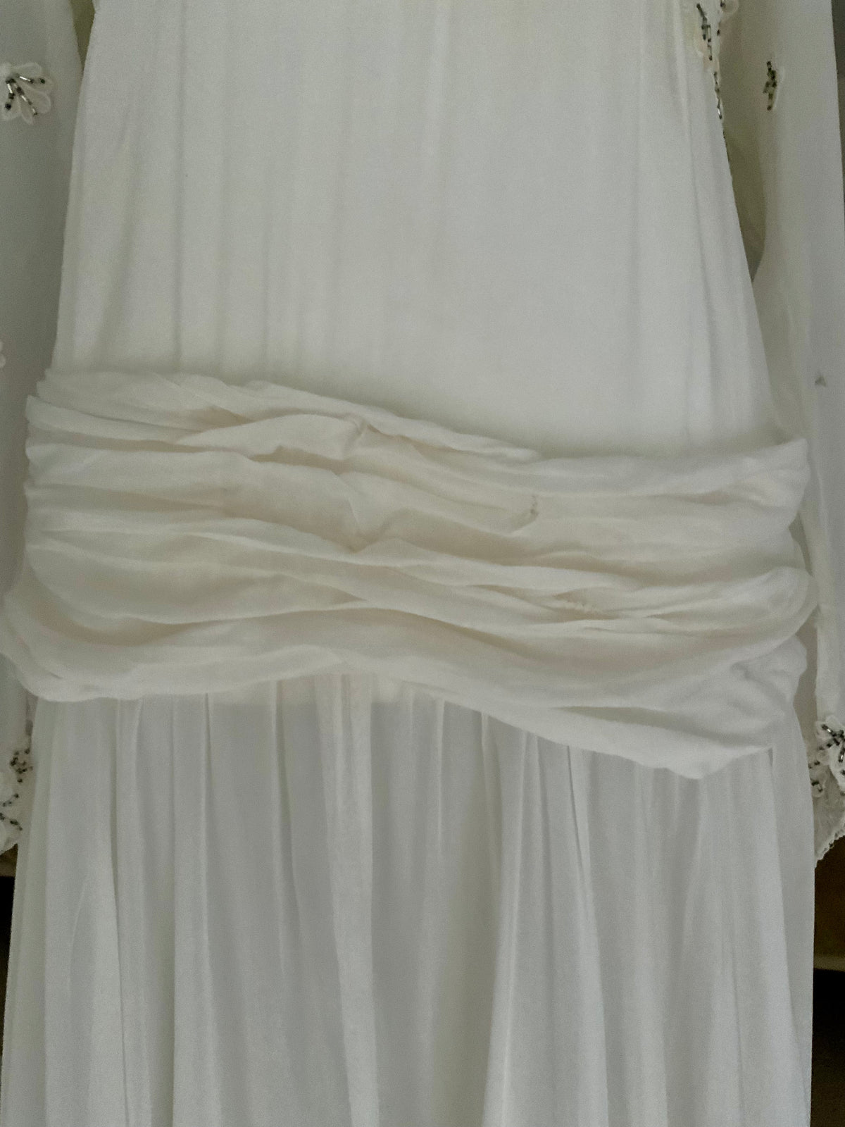 Circa 1940s Ivory Chiffon Wedding Gown with Beaded Shell Motifs and Lace Appliqués.40CH.