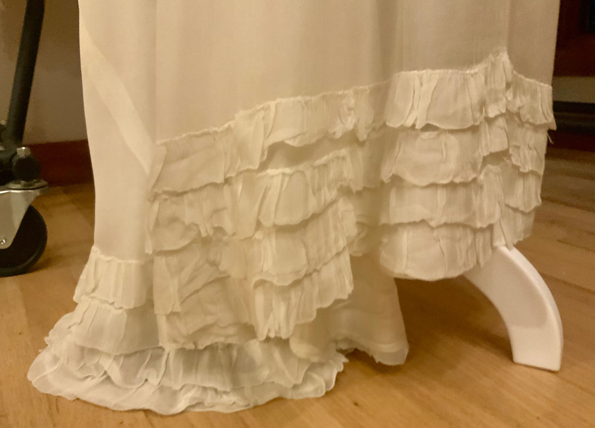 Antique Ivory Chiffon Gown with Ruffled Hem and Lace Appliqué.20ARR
