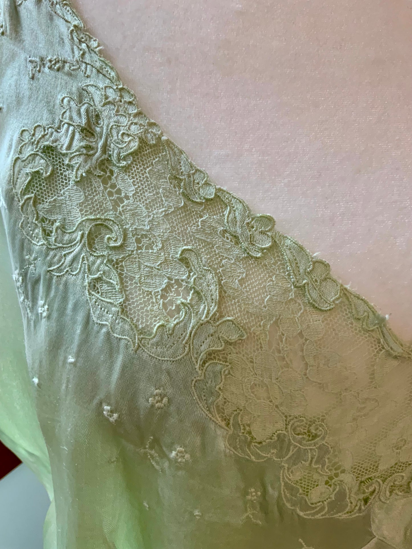 1930s Silk Satin Bias Cut Gown – Hand Dyed Celadon Mint – Vintage Lace Evening Slip Dress
40U