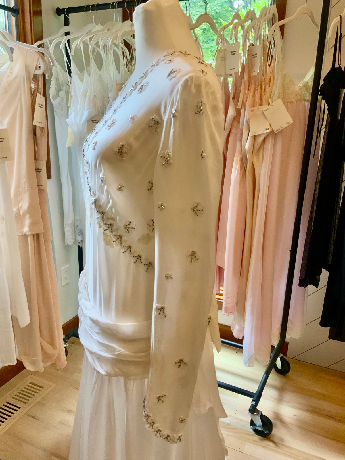 Circa 1940s Ivory Chiffon Wedding Gown with Beaded Shell Motifs and Lace Appliqués.40CH.