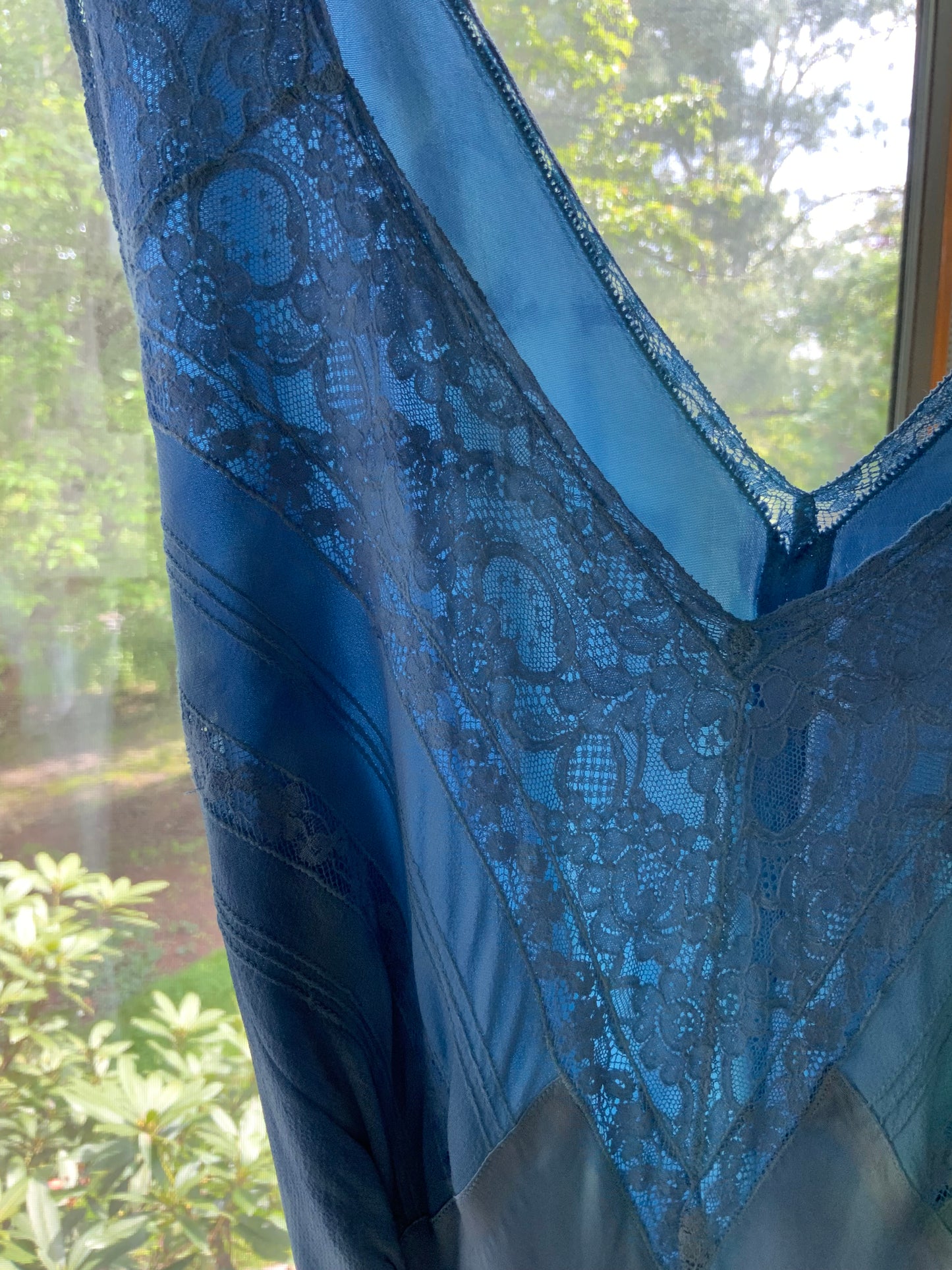 1930s Hand Dyed Blue Bias Cut Satin Nightgown with Lace.40BZ
