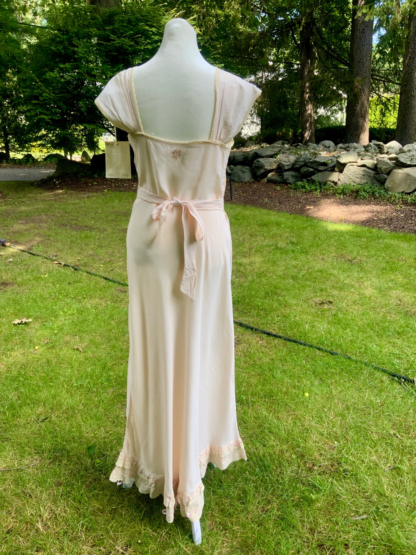 1930s Pale Peach Bias Cut Nightgown. Lace and Ribbonwork Boudoir Gown. Cap Sleeve Satin Lingerie.30CS