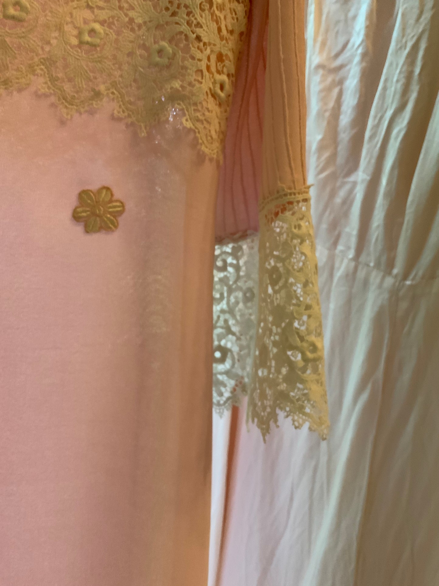 1970s Pink Lace Hostess Gown with Sheer Sleeves - 70BC
