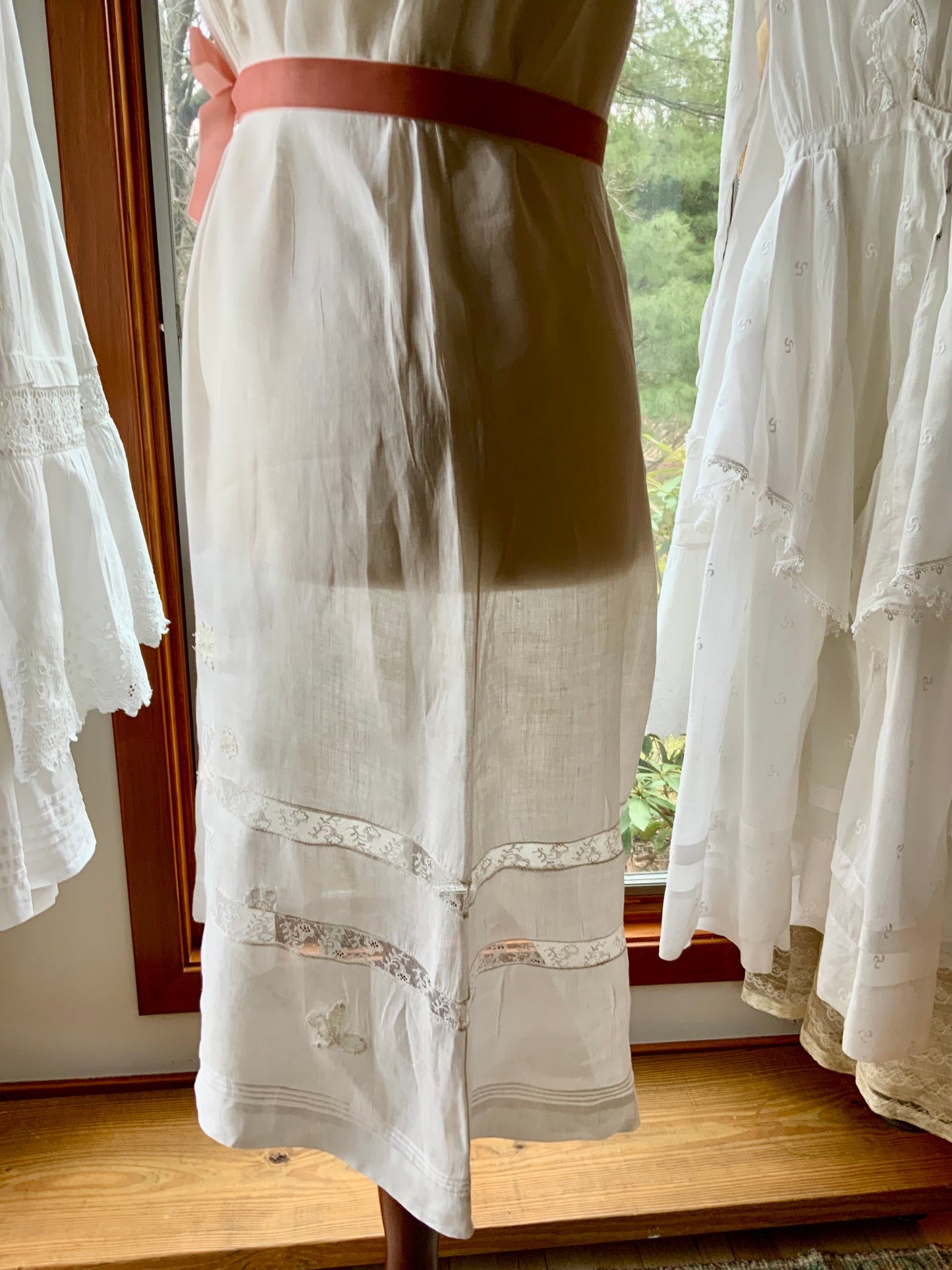 Antique 1910s Cotton Batiste Lingerie Dress with Lace Insertion & Hand Embroidery-ED74