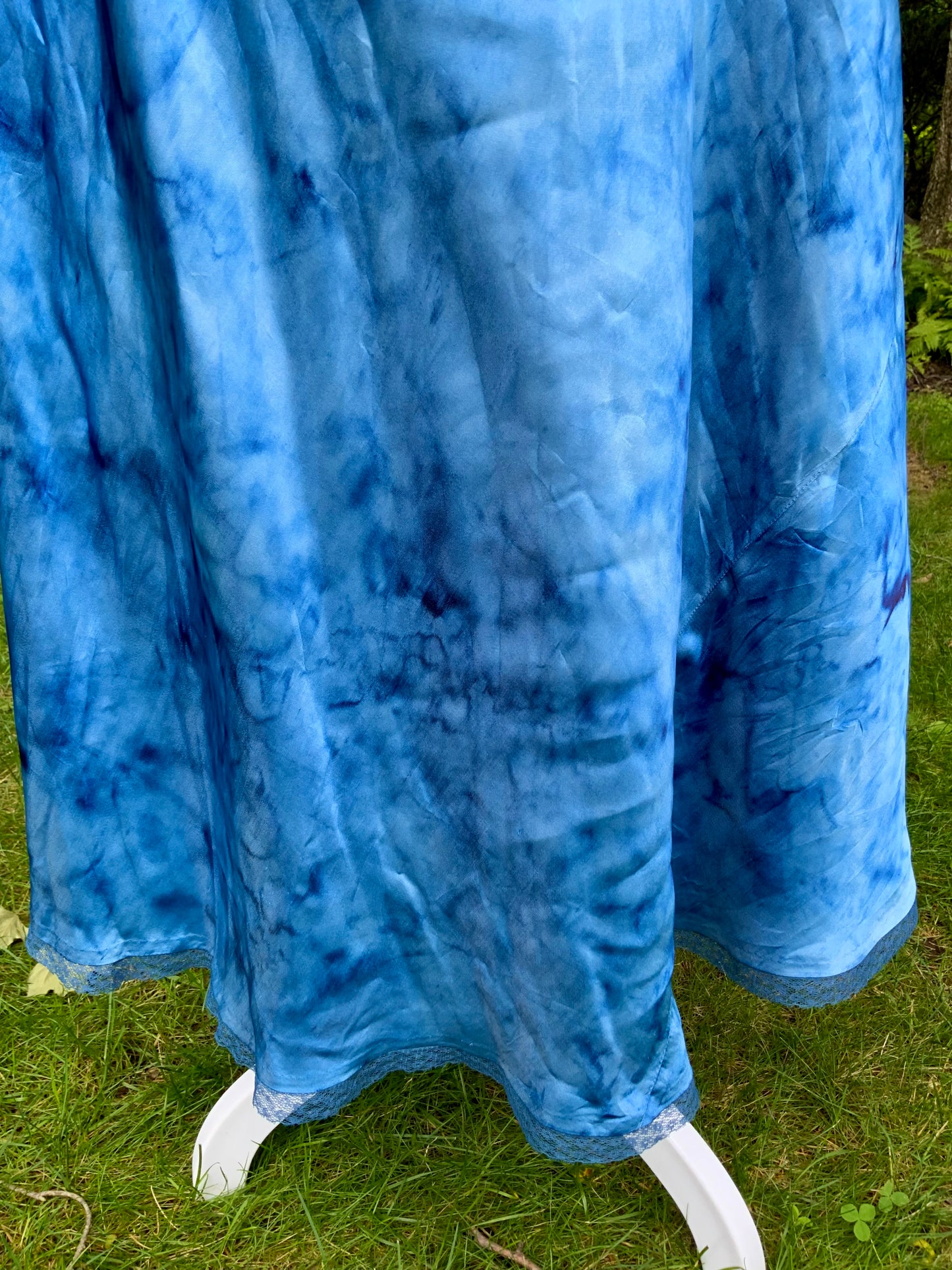 1930s Hand Dyed Blue Satin Nightgown with Floral Appliqués.40CG