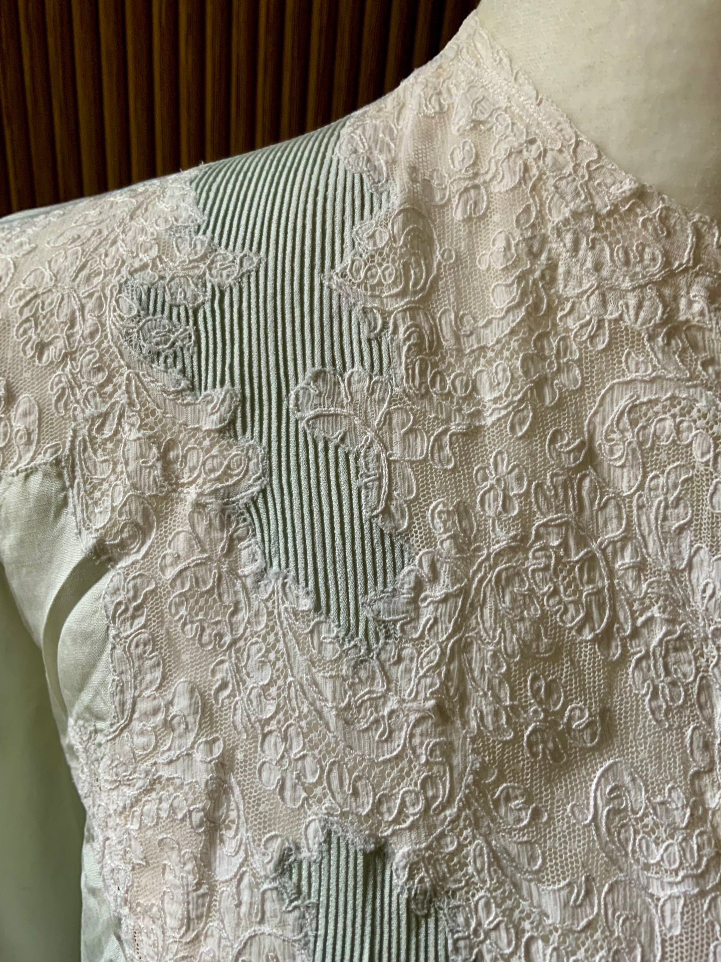 1940s Silk Satin Blouse with Lace Appliqué | Mint Green | Edwardian Revival-40AT