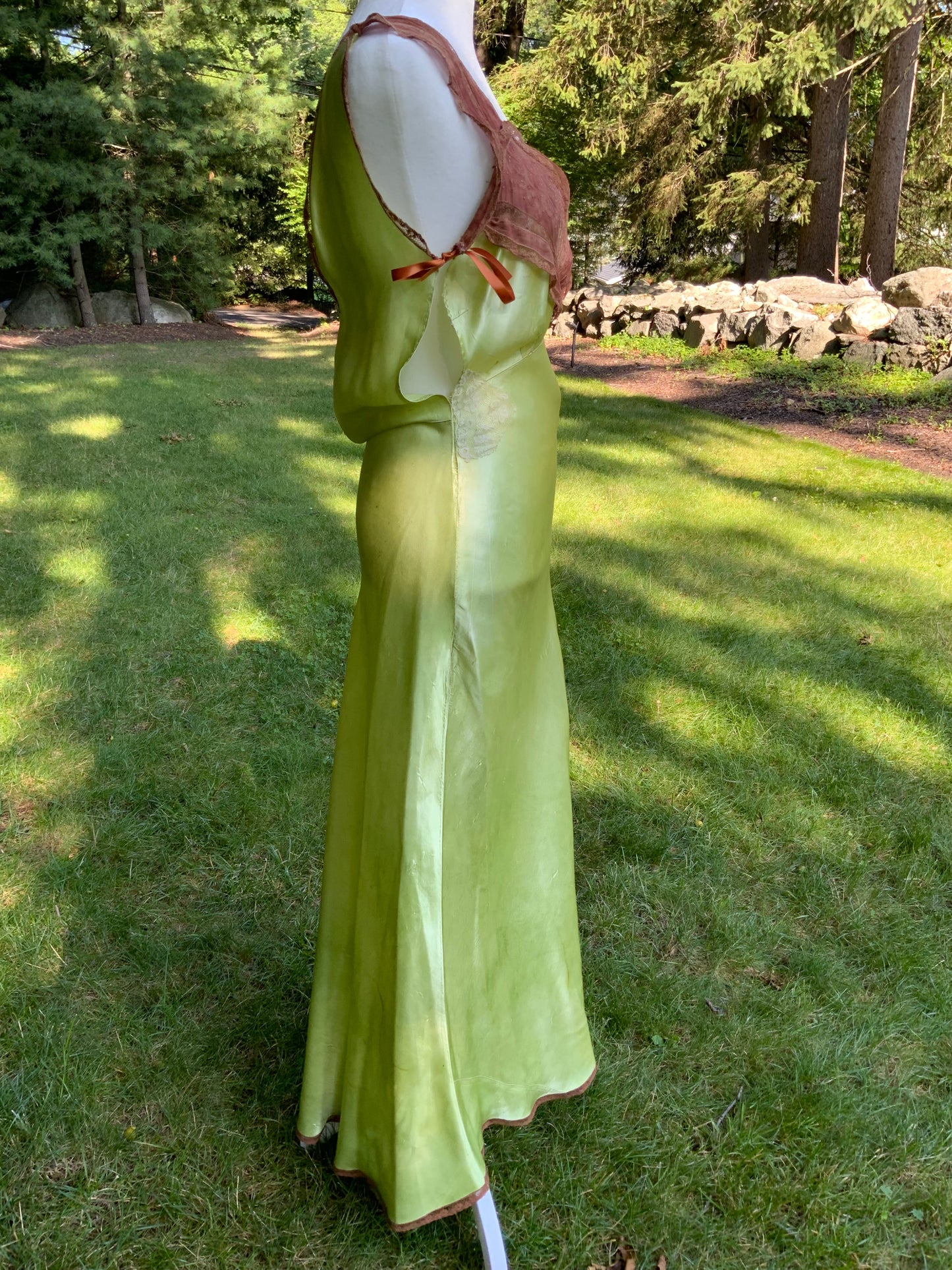 Hand Dyed Antique Silk Slip Dress Chartreuse Green Artist Reimagined 1930s 1940s Silk Nightgown One of a Kind Wearable Art-40C