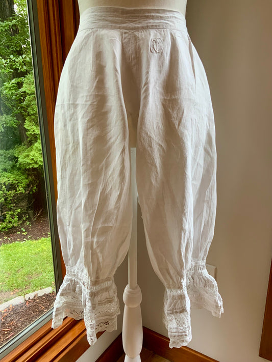 Antique Edwardian White Cotton Bloomers | Monogrammed Lace Pantaloons | Romantic Heirloom Lingerie-ED85