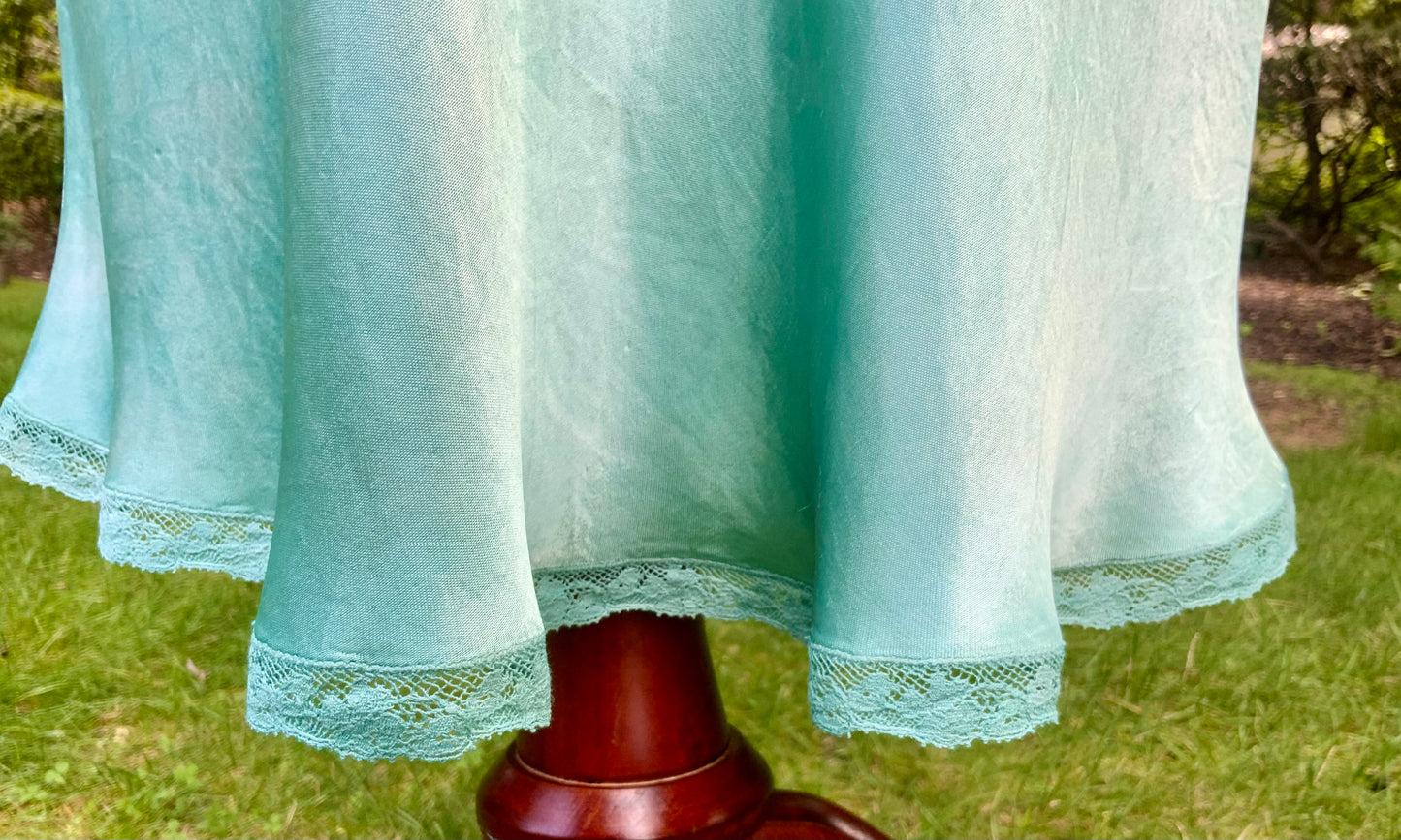 1930s Hand-Dyed Aqua Satin Slip Dress. Embroidered Bias Cut Slip with Sash.40CB